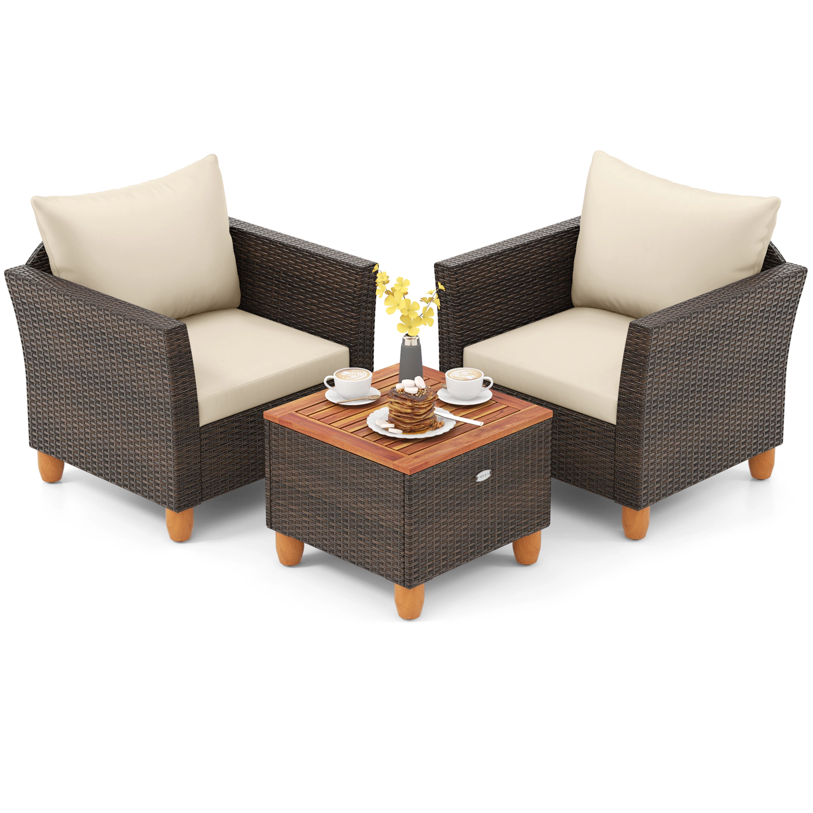 LJG 3 Pieces Patio Rattan Bistro Furniture Set with Wooden Table Top
