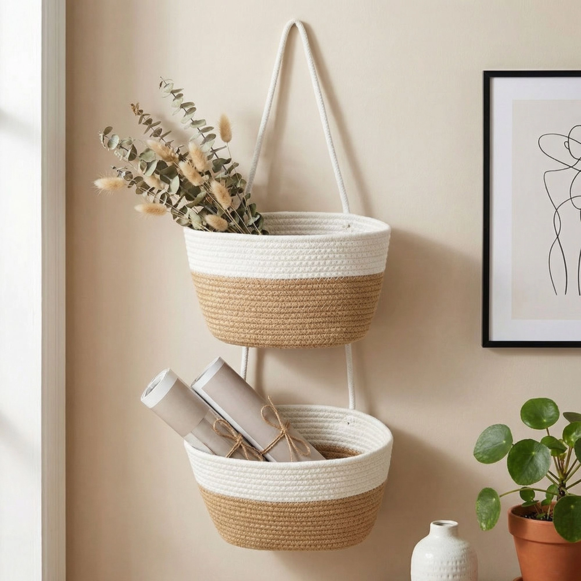 Alilang Unisex 2 Tier Hanging Storage Basket Cotton Rope Wall Organizer Modern Neutral
