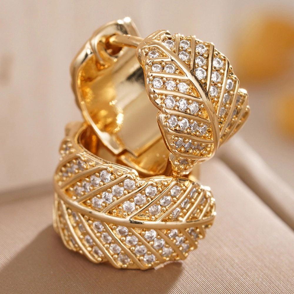 Wardrobe Whimsy Full Paved Leaf Hoop Earrings Cubic Zirconia Gold Tone Earrings for Women