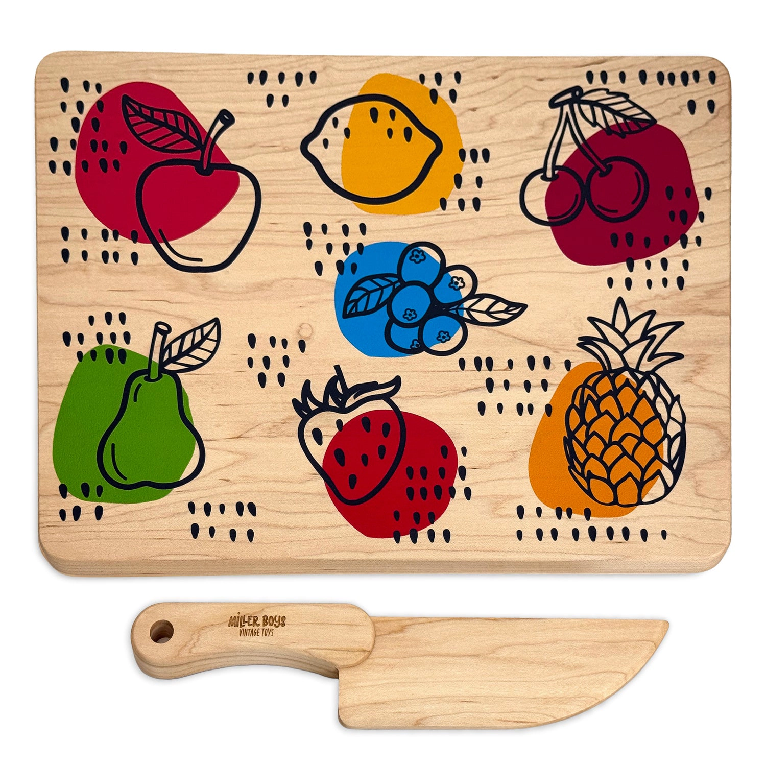 Kid’s Chef-in-Training Fruit Wooden Cutting Board with Handcrafted Knife - Made in USA