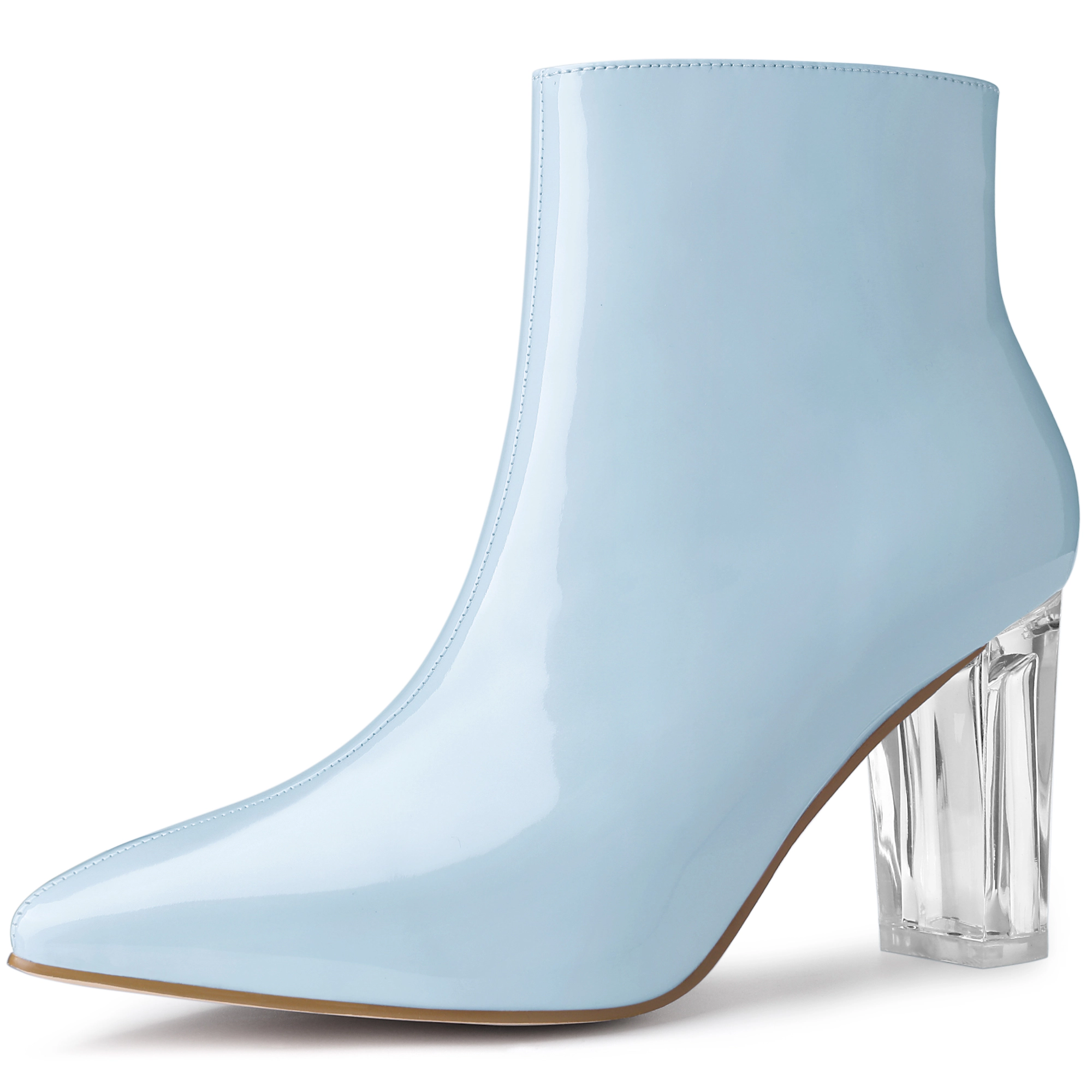BLISSFUL STEP Women Rubber Clear Heel Pointed Toe Chunky Heels Ankle Boots