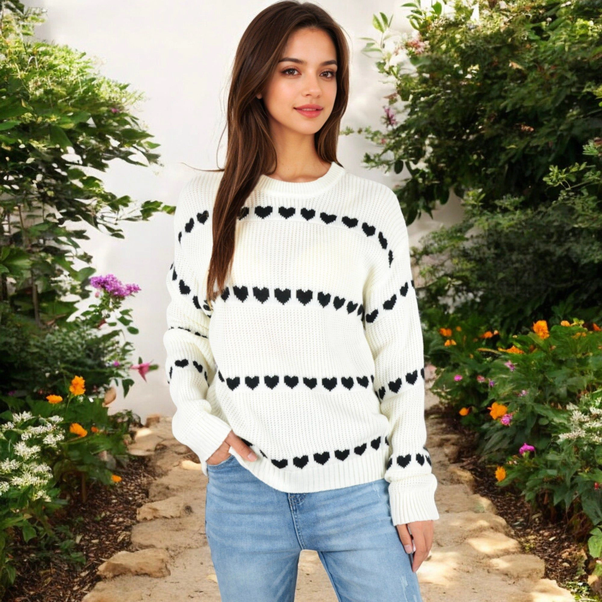 Anna-Kaci Women's Long Sleeve Knit Valentine Sweater with Heart Pattern and Crew Neck