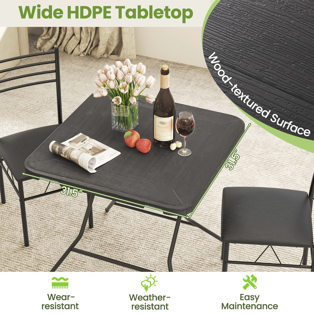 SUGIFT Foldable Wood-Grain HDPE Dining Table with X-Frame 110-lb Capacity Black