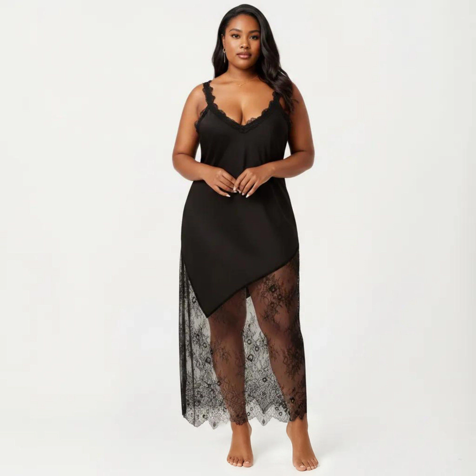Anna-Kaci Women's Plus Lace Trim Slip Dress Asymmetrical Hem Sheer Mesh Nightgown Sleepwear