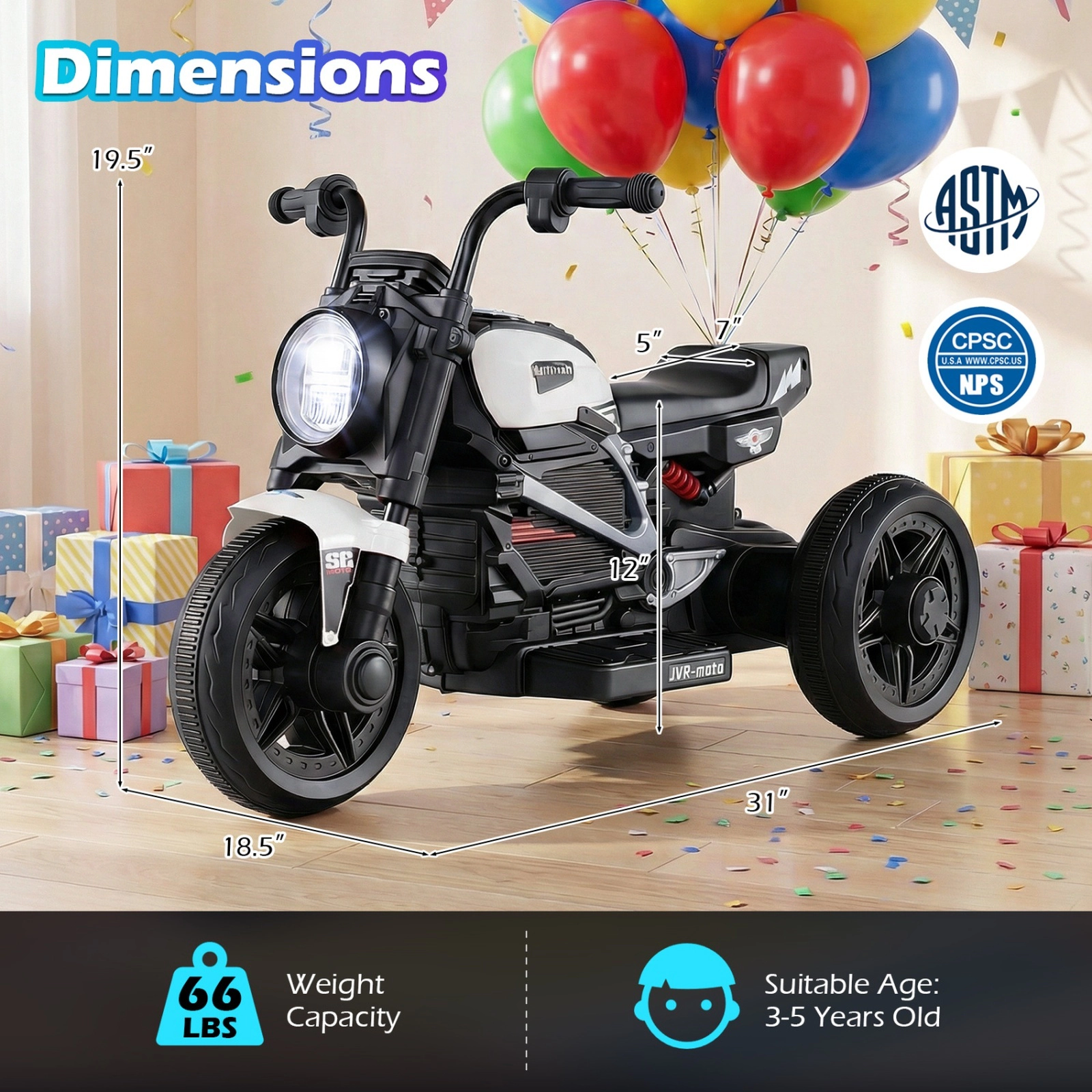 6V Kids Electric Motorcycle 3-Wheel Stable Frame LED Headlight Battery Display 10 Songs USB Audio Input Ages 3-5 White