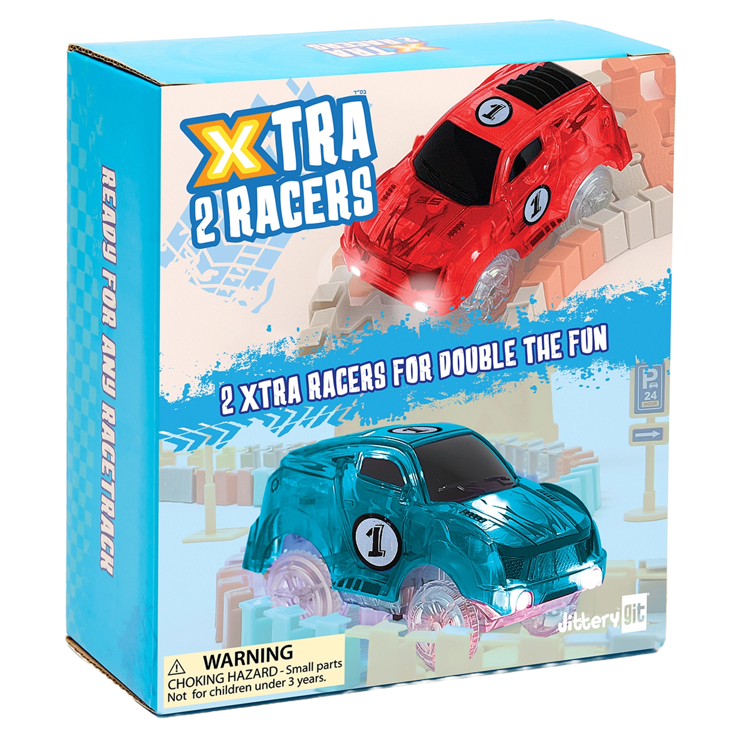 JitteryGit Kids Light-Up Racer Cars - 2-Pack Replacement Cars for Glow Flex Tracks, Red & Turquoise