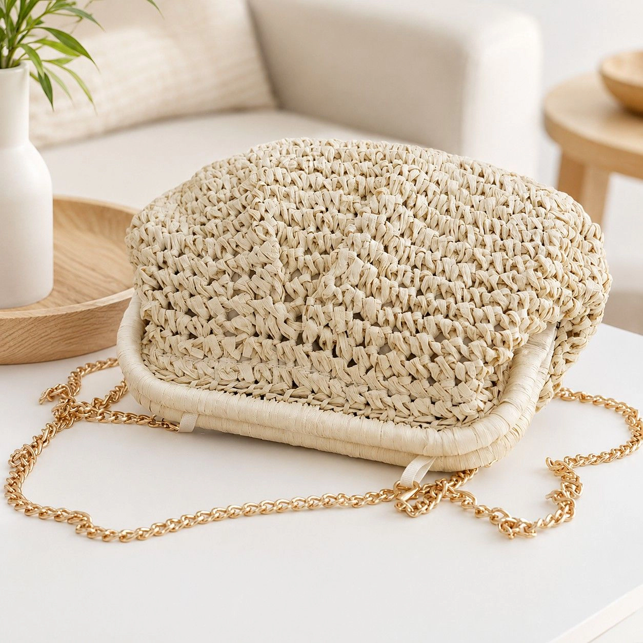 Alilang Women's Woven Straw Crossbody Bag Small Chain Shoulder Handbag with Flap Closure, Khaki
