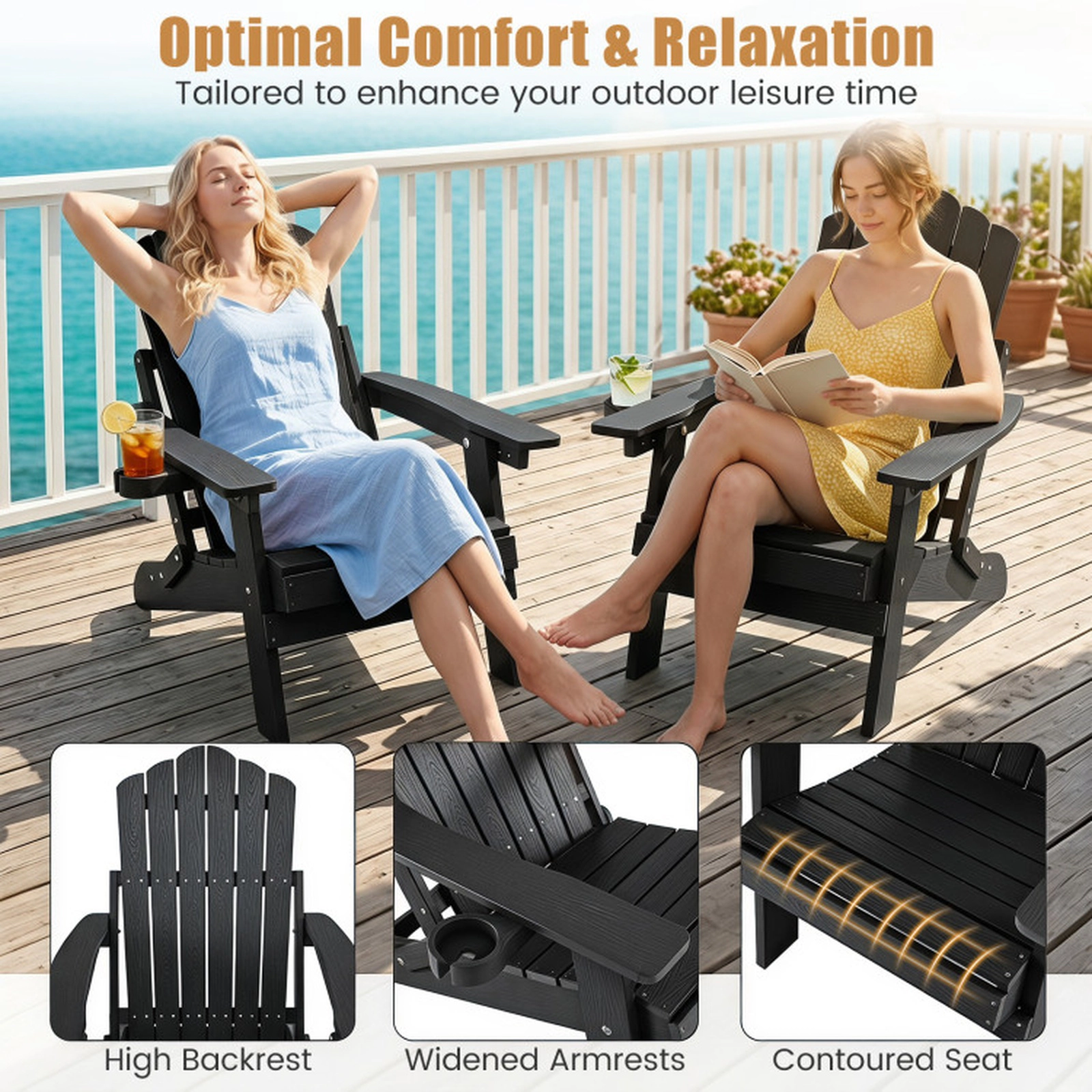 SUGIFT Black Cup Holder and 5-Level Backrest Set of 2 Outdoor Folding Adirondack Chairs