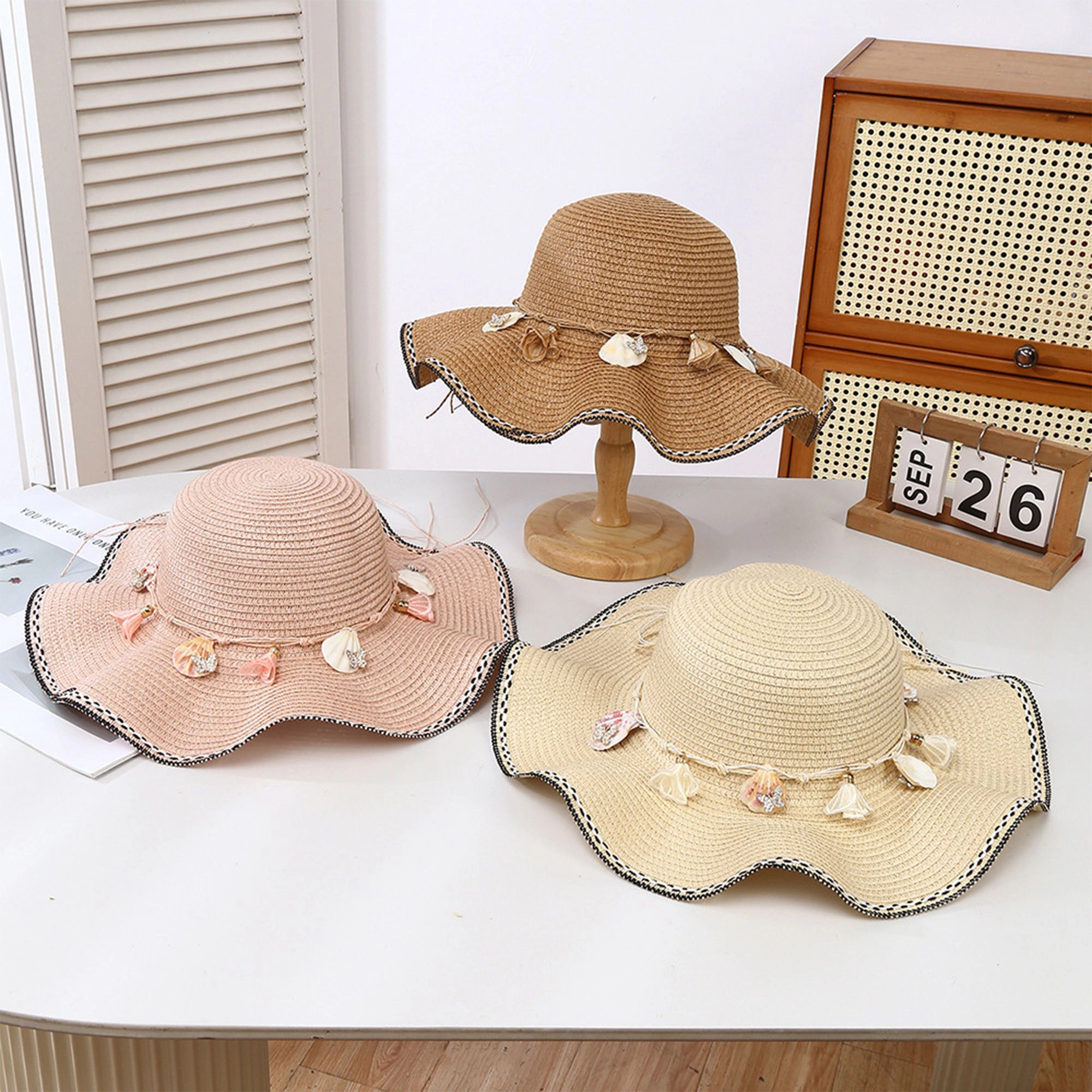 Anna-Kaci Women's Wide Brim Straw Sun Hat Wavy Edge Shell Trim Beach Adjustable Inner Band Packable