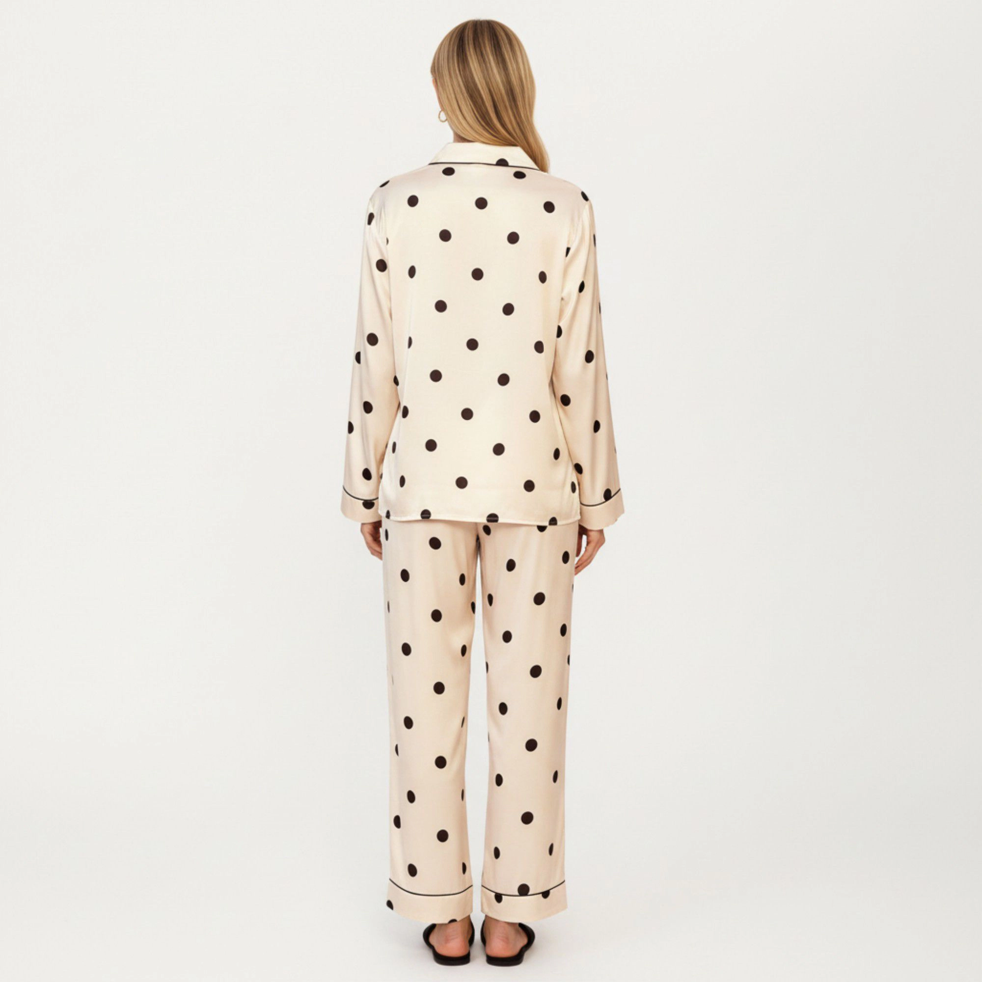 Anna-Kaci Women's 2-Piece Satin Polka Dot Pajama Top with Contrast Piping and Matching Straight Leg Pants