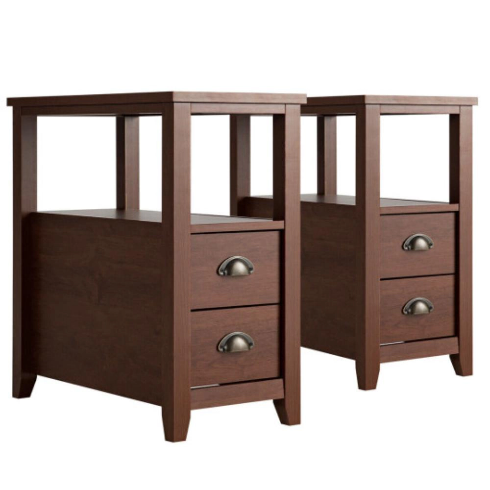 Hivvago Set of 2 End Table Wooden with Drawer & Shelf Bedside