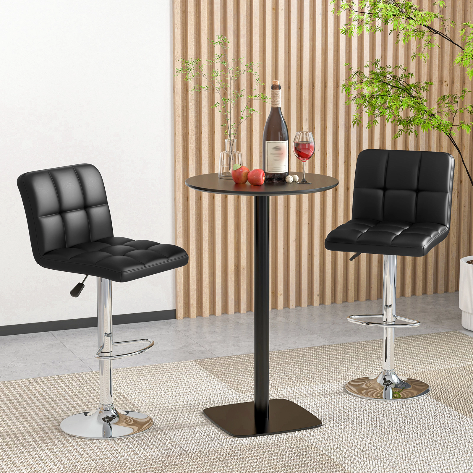 SUGIFT Black Adjustable Height and PU Leather Seat Set of 2 Modern Swivel Bar Stool