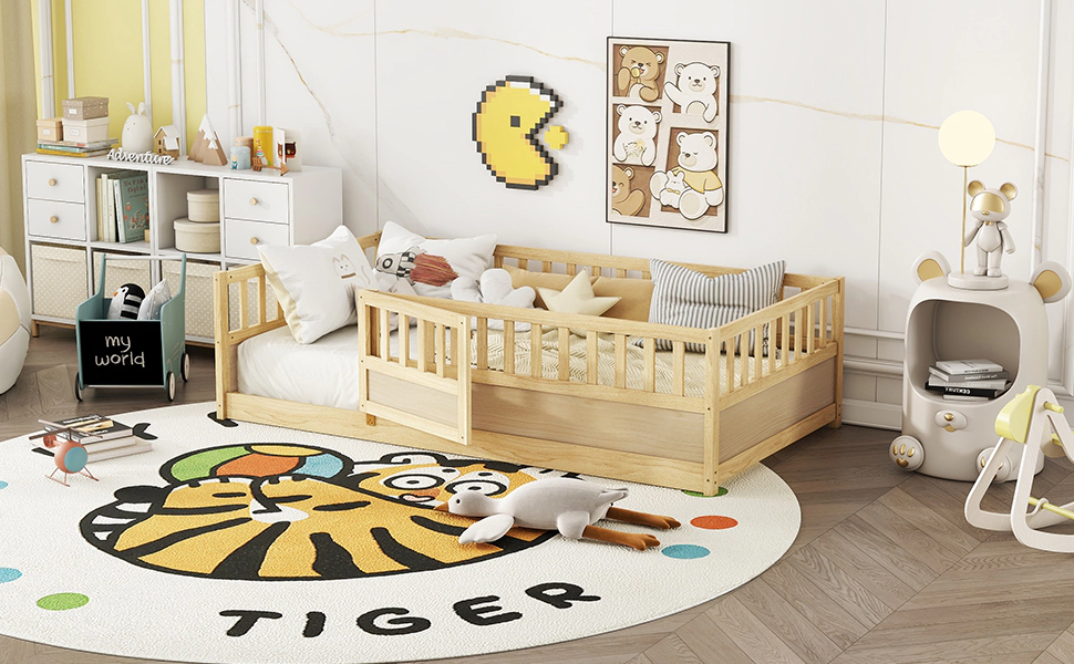 Flynama Twin Montessori Floor Bed, High Safety Barrier & Door, Solid Wood, Natural (Patented)