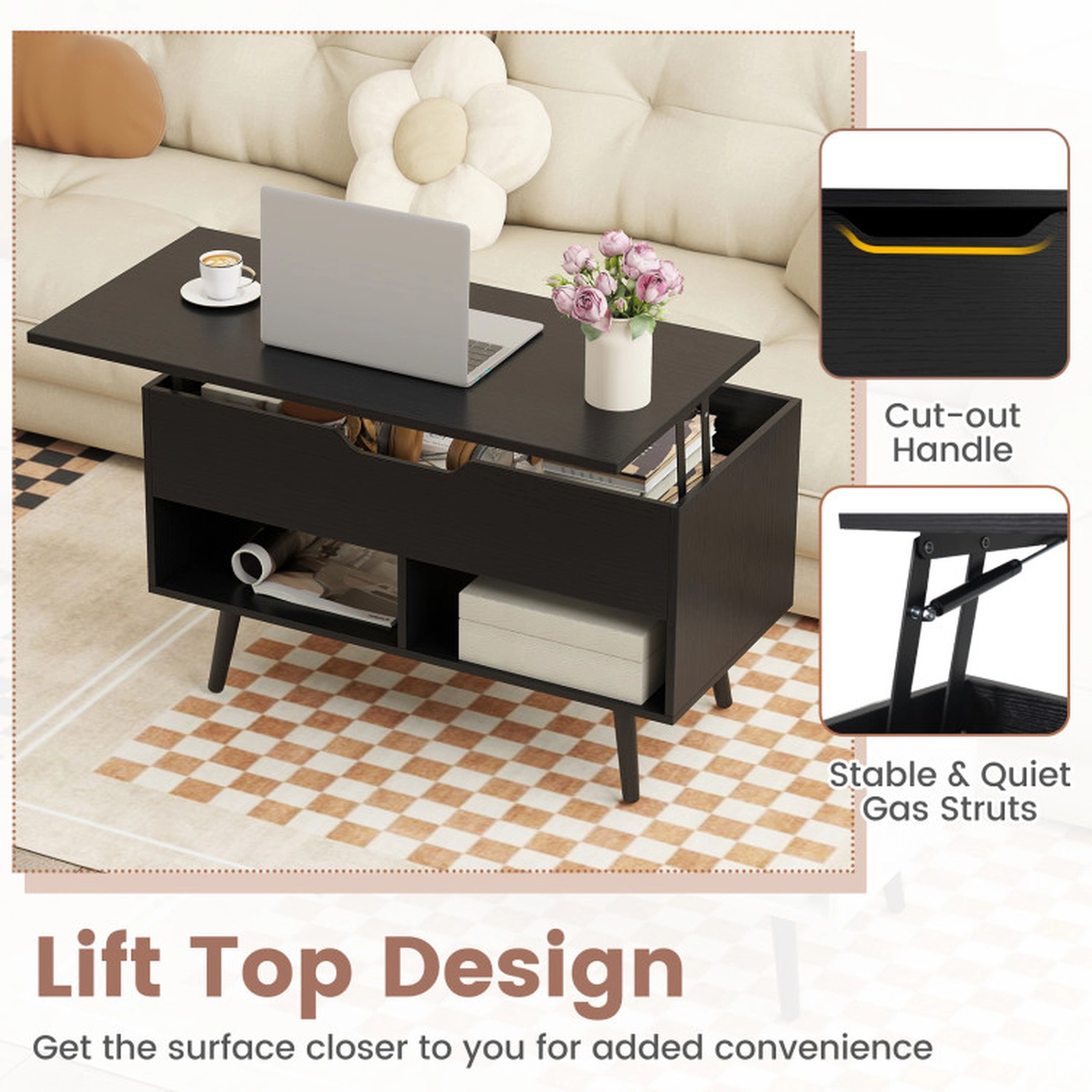 SUGIFT 31.5-In Black Lift-Top Coffee Table with Hidden Compartment and 2 Shelves