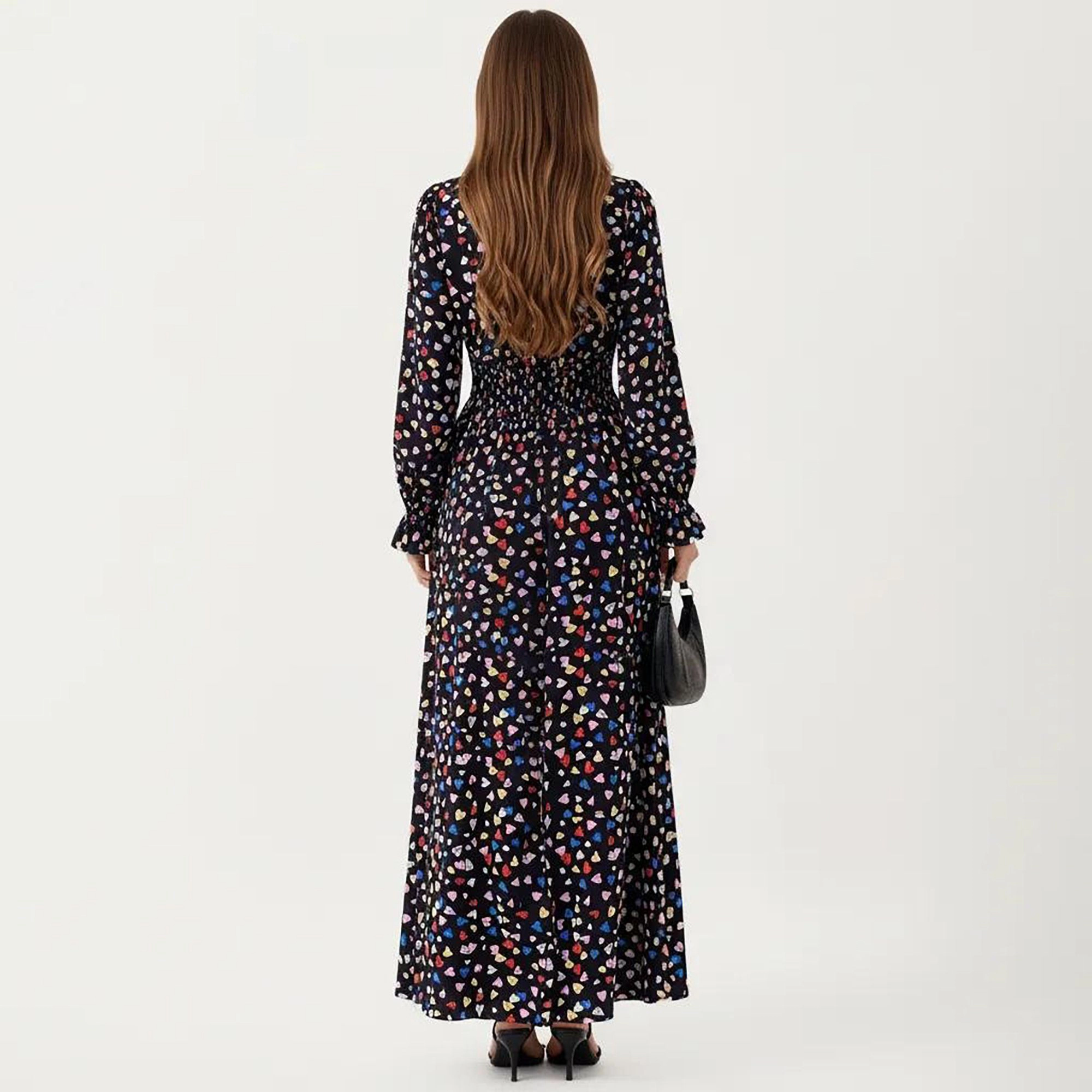 Anna-Kaci Womens Floral V-Neck Long Sleeve Maxi Dress with Ruffle Cuffs