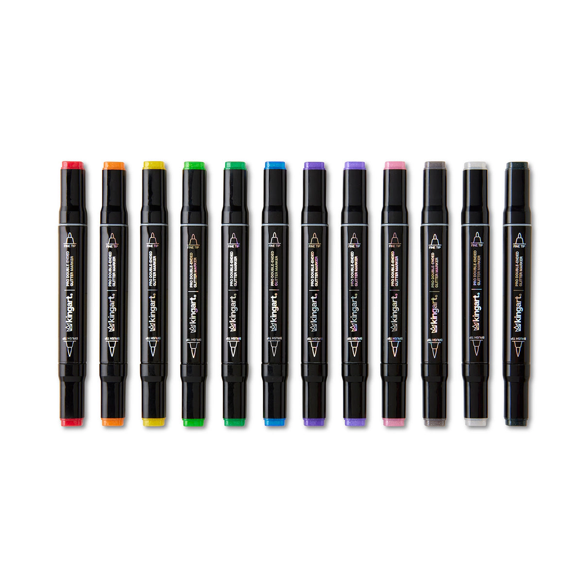 KINGART PRO Double-Ended Glitter Markers - 12 Colors, Brush and Fine Tip