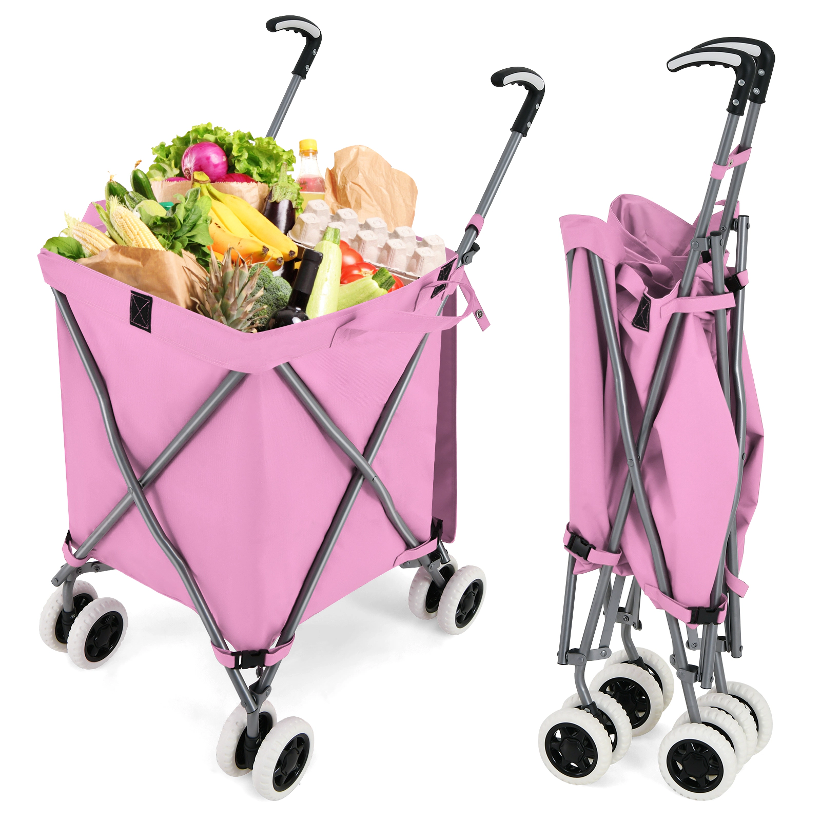 SUGIFT Folding Shopping Utility Cart Pink with Removable Water-Resistant Canvas Bag