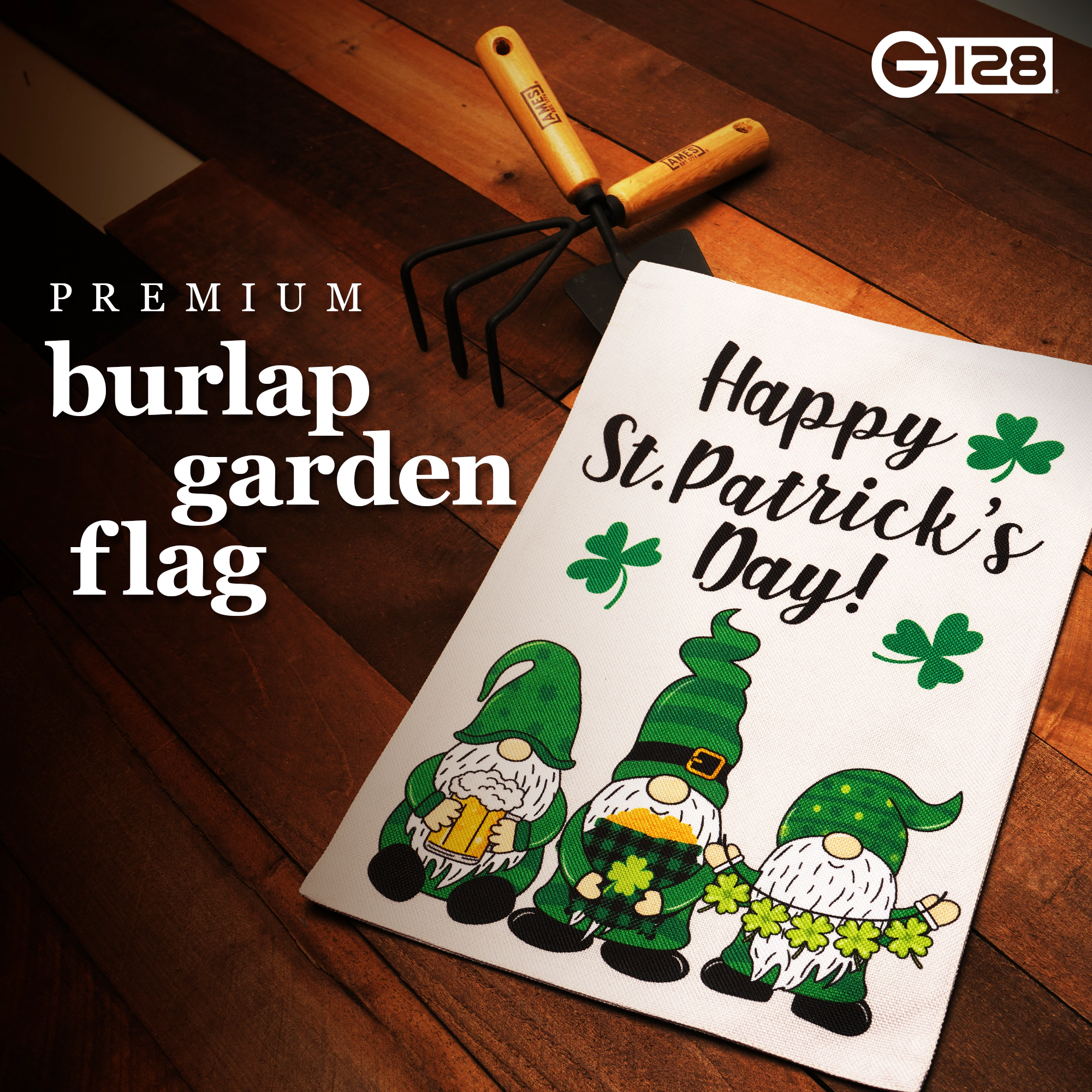G128 Garden Flag Happy St. Patrick's Day Three Leprechaun Gnomes 12x18 Burlap Polyester