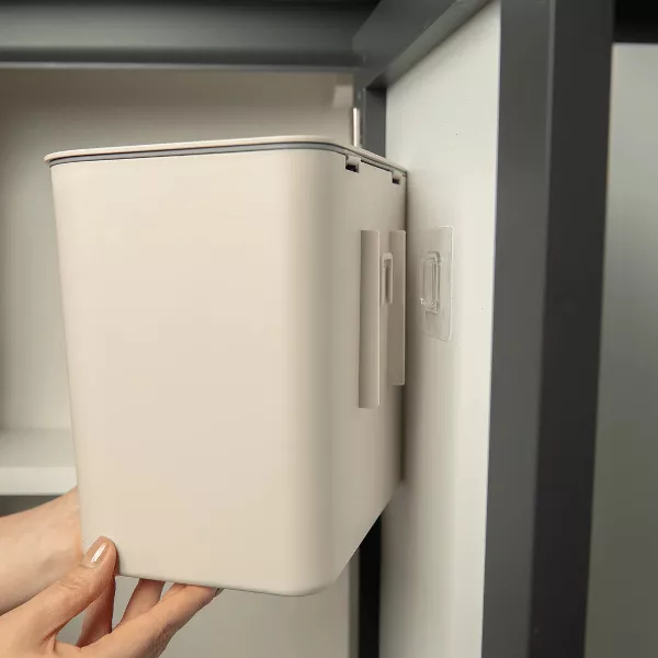 OU Wall-Mounted Bathroom Trash Can, 1.3 Gal Self-Adhesive Hanging Bin with Lid & Removable Bag Ring, Space-saving