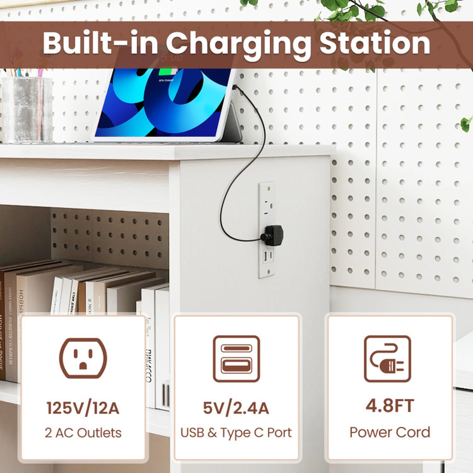 SUGIFT Folding Charging Station 5 Casters Sewing Machine Table Desk 45.5-in x 16-in x 31-in 45-lb Capacity White