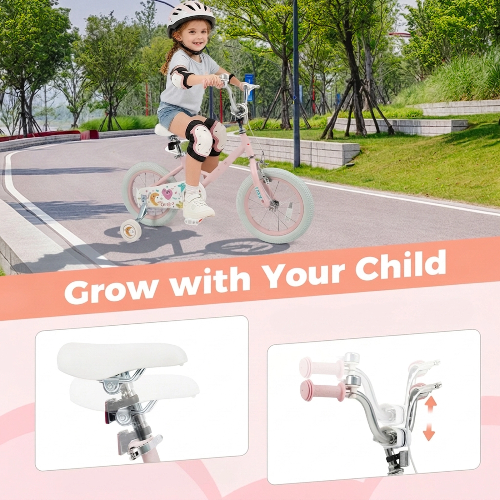 14-in Girls Bike Quick Release Seat 2 Removable Training Wheels 3 Reflectors Dual Brake Kids Ages 3-5 Pink Stars/Moon