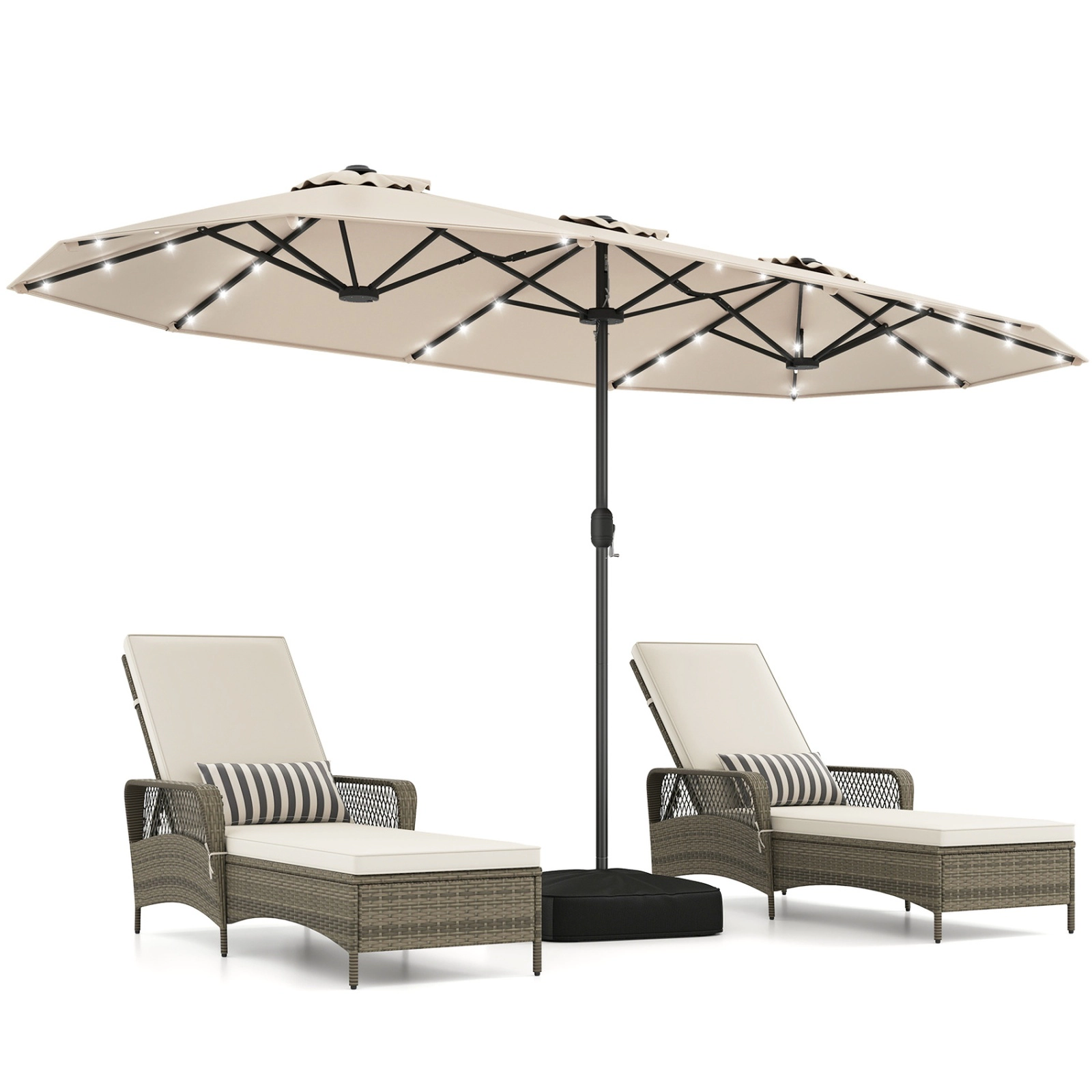 SUGIFT 13-ft Beige Rectangular Double-Sided Patio Umbrella with 36 Solar LED Lights 12 Ribs and Cross Base