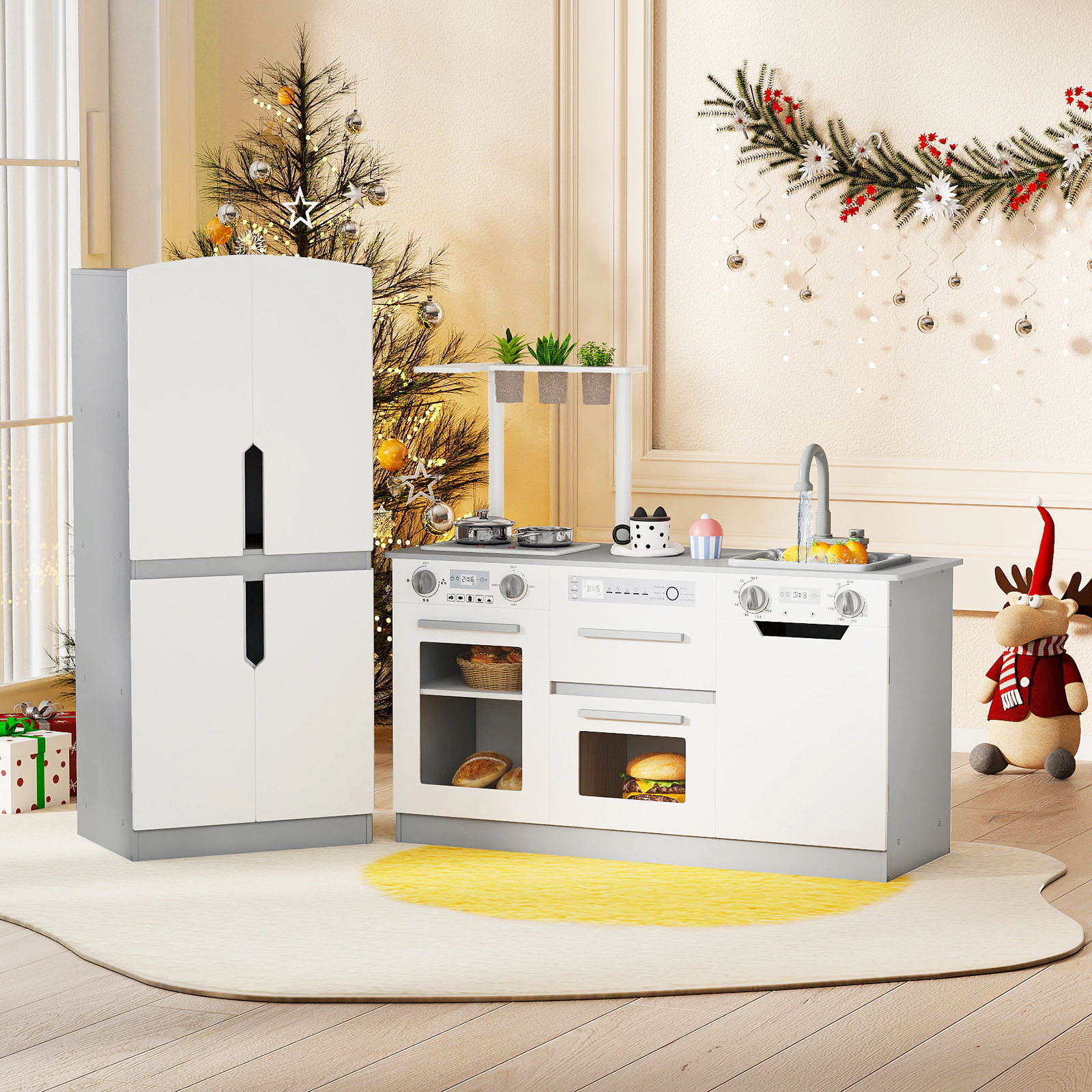 Wooden 2-pc Kids Kitchen Playset Fridge Running Water Lights and Sounds 3 Planting Pots 35.5-in Ages 3+ Gray