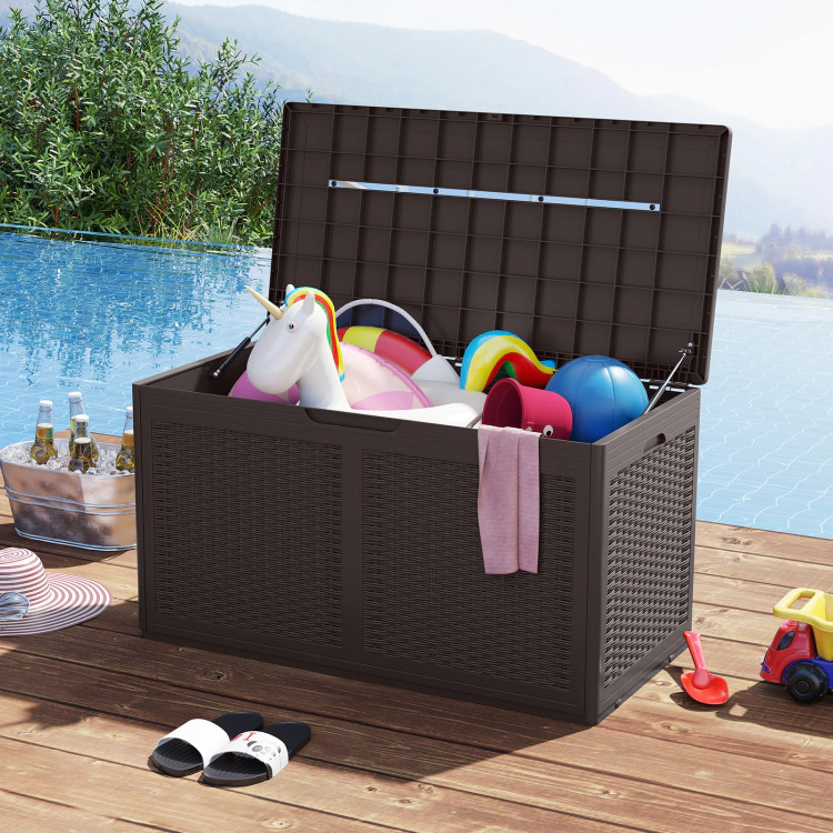 SUGIFT 100-Gal 440-lb Lid Capacity Resin Deck Box Outdoor Storage Bench with Wheels and Rattan Texture