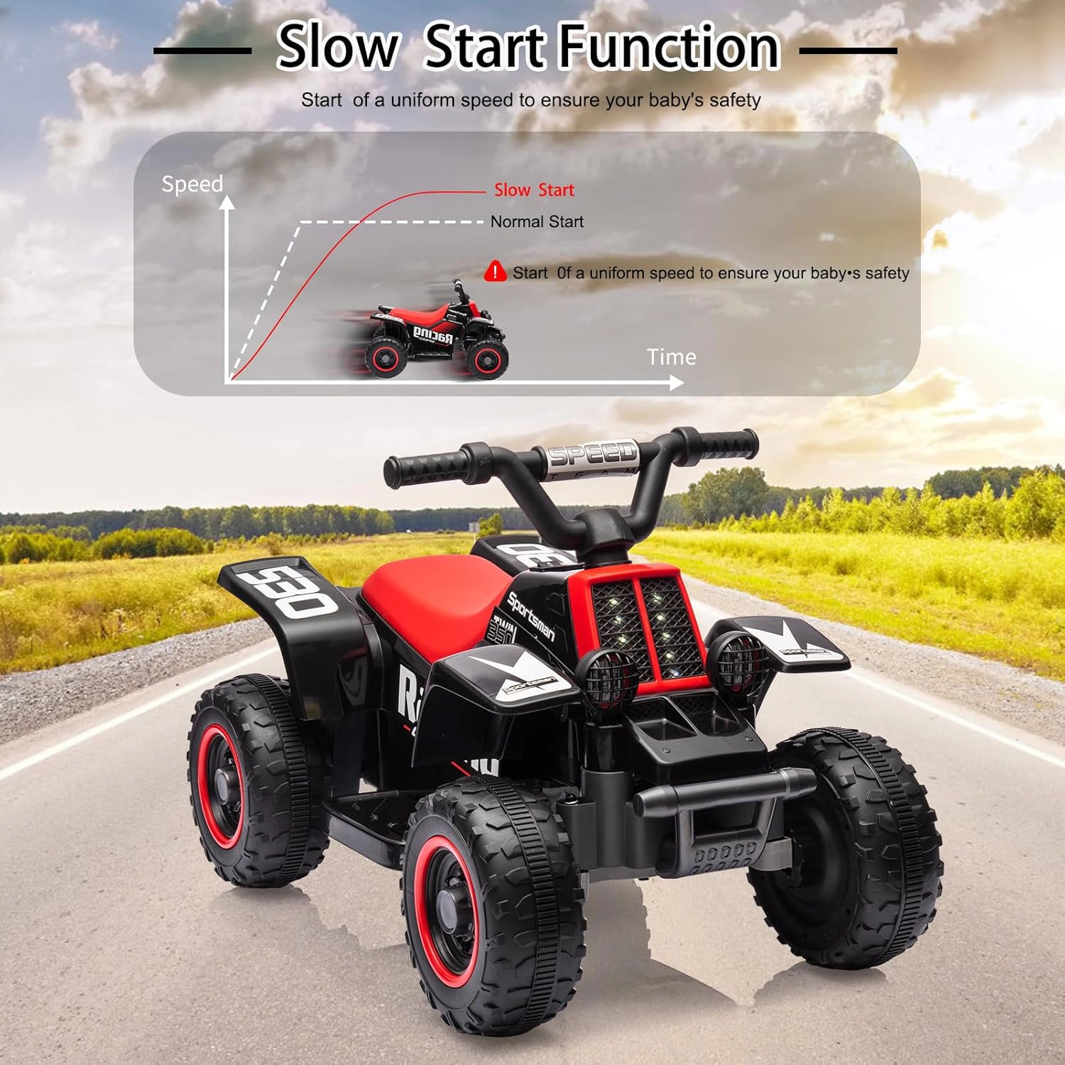 Enjyam 6V Kids Ride On ATV Quad Car, Electric 4-Wheeler w/1.76MPH Speed, Music, LED Lights, Push-Button Start