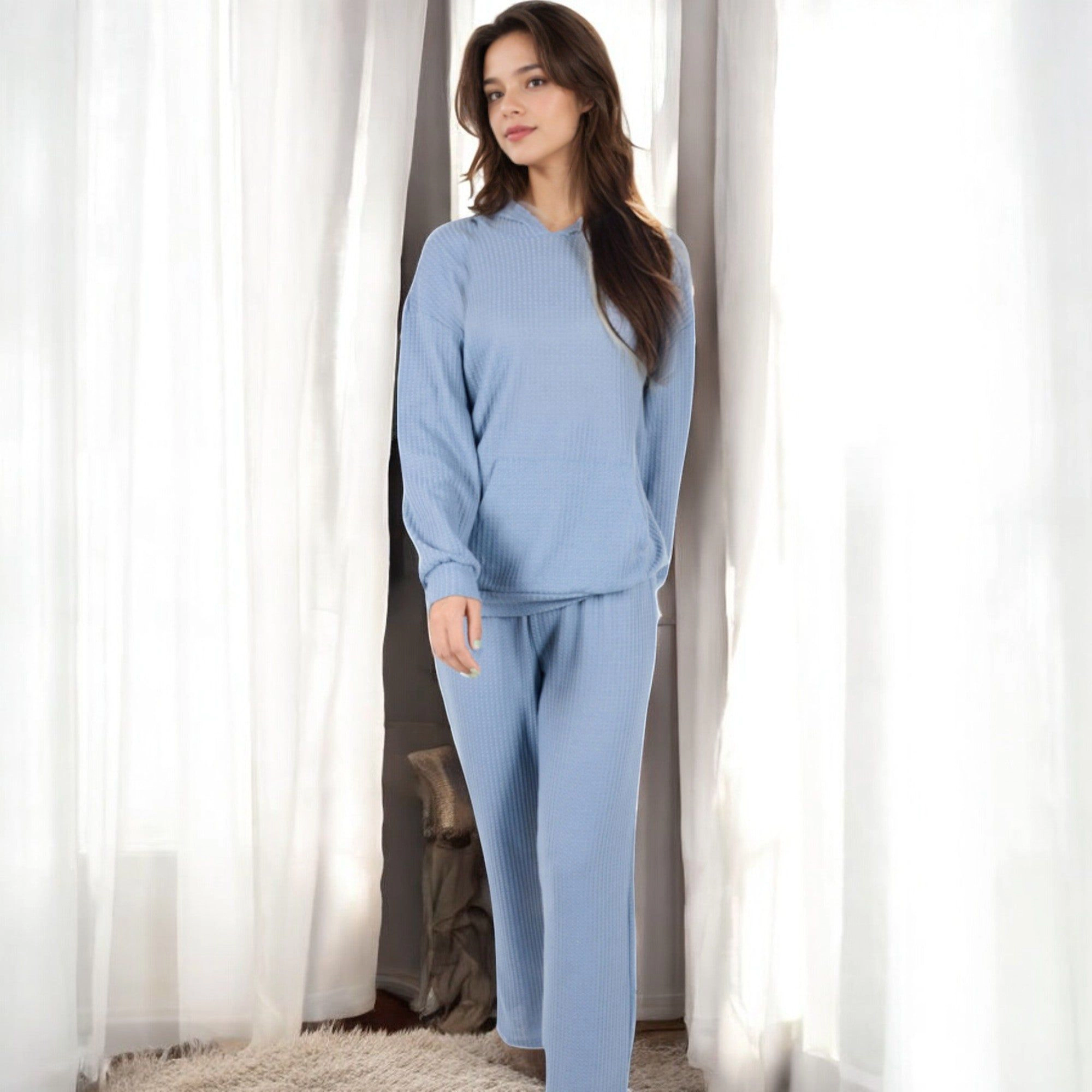 Anna-Kaci Women's Waffle Knit Hoodie Lounge Set with Front Pocket and Relaxed Fit Pants