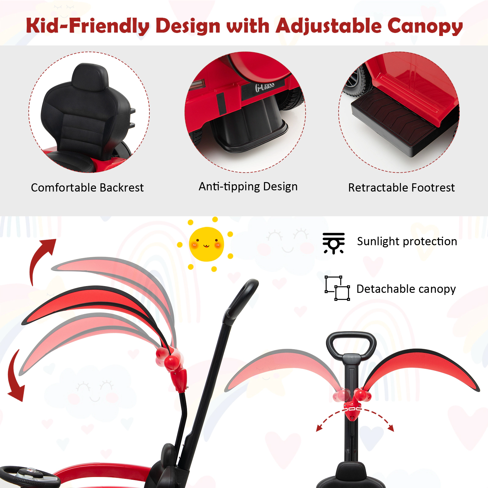SUGIFT Toddler Red 3-in-1 Ride On Push Car with Sun Canopy and Guardrails 34.3-in W 37.4-in H 55-lb Seat Capacity