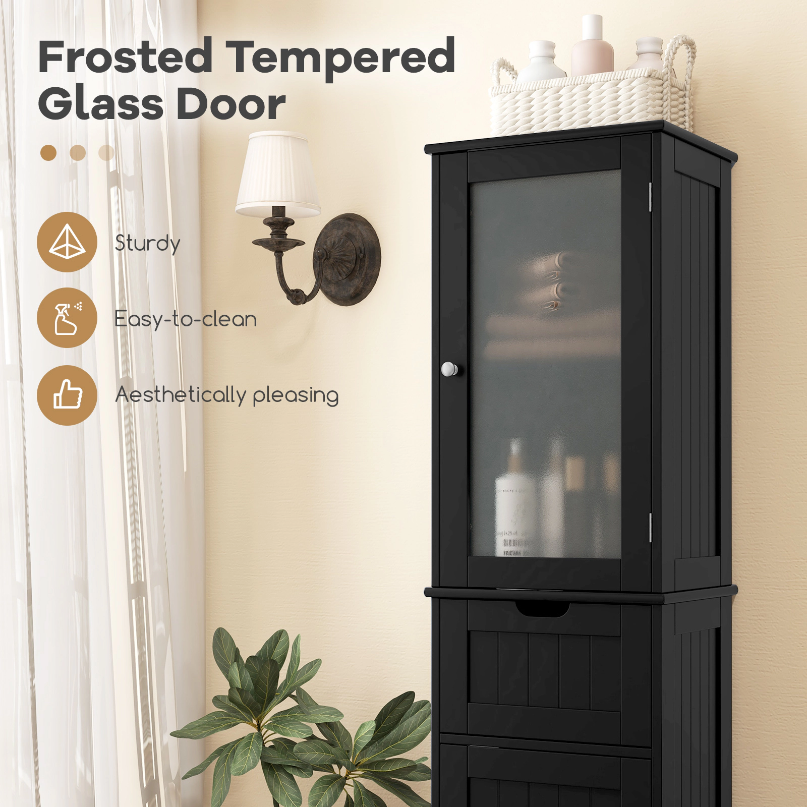 SlickBlue Tall Storage Cabinet with Glass Doors and Drawer