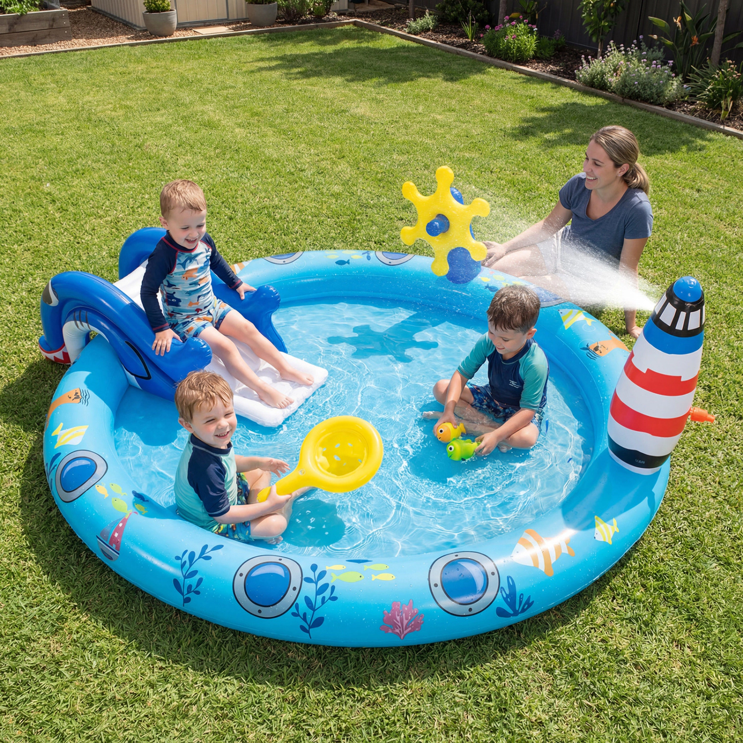 Hivvago Inflatable Play Center Marine Life Spray Pool with Shark-shaped Slide Lighthouse Sprinkle