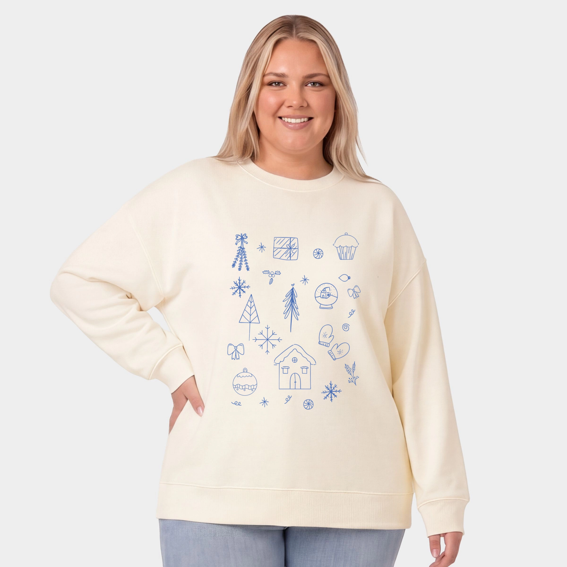 Simply Sage Market - Women's Plus Sized Graphic Sweatshirt Christmas Blue Sketches
