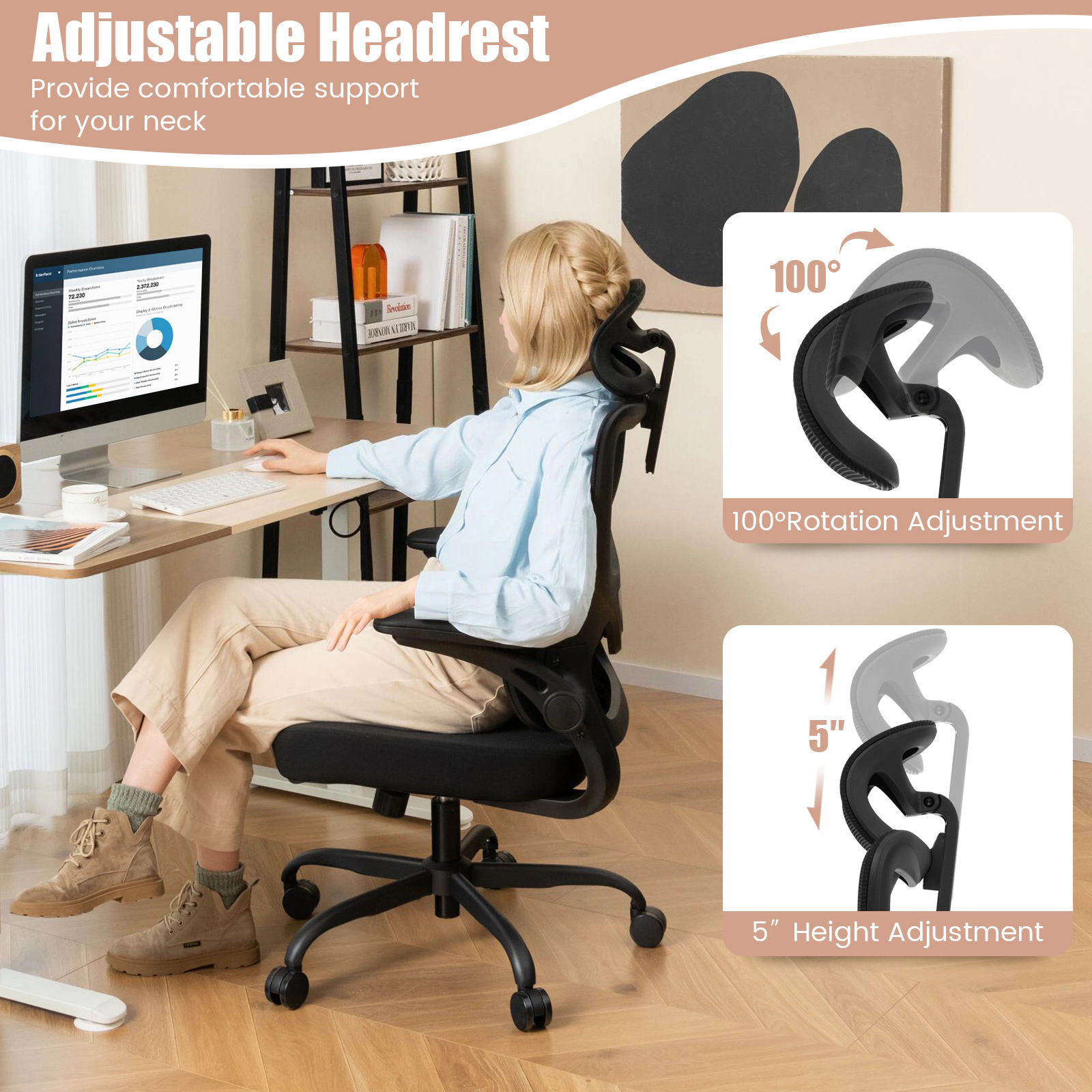 SUGIFT Adaptive Lumbar Support Flip-up Armrests Reclining Mesh Office Chair 25.5-in x 25.5-in x 45.5-in 300-lb Black