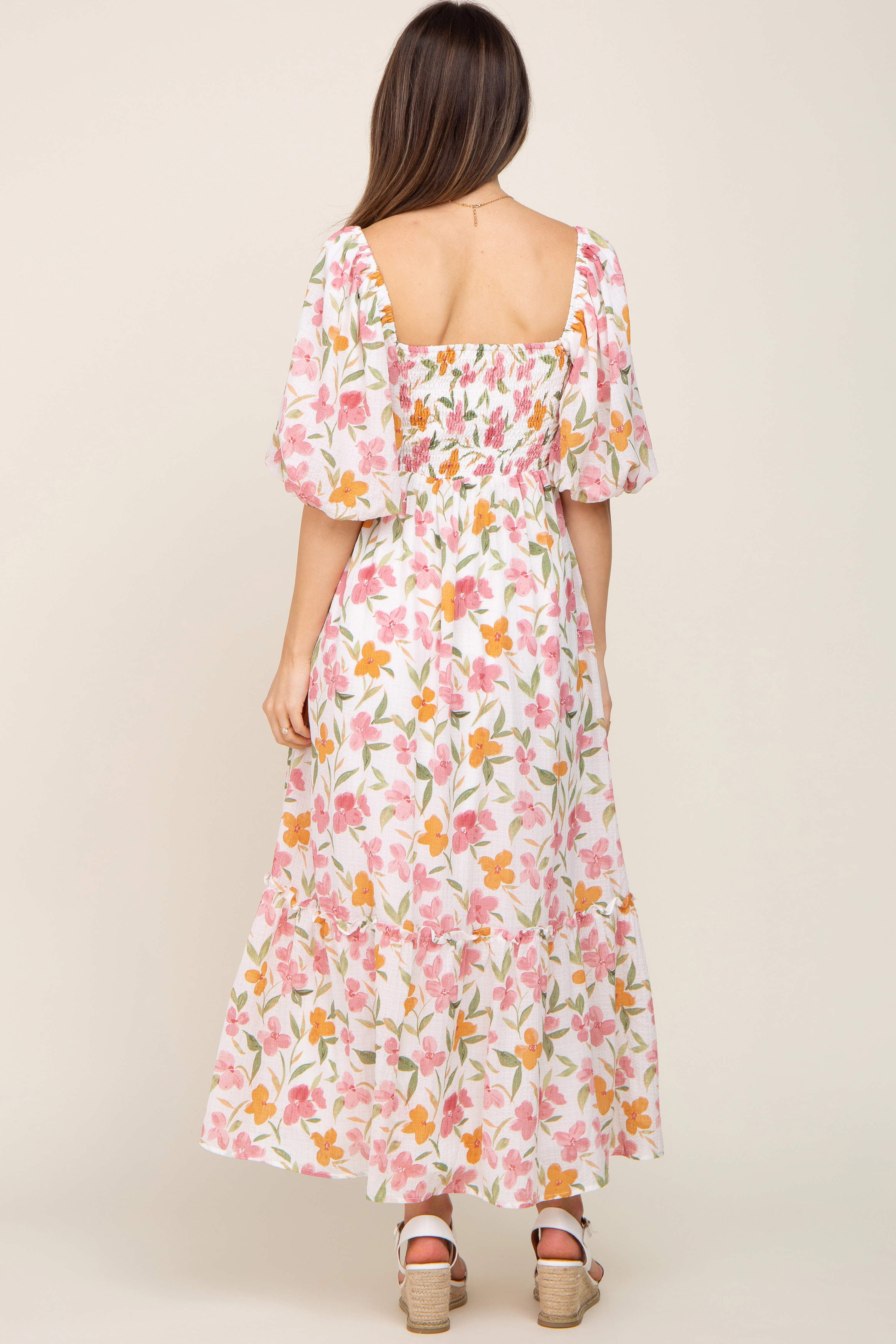PinkBlush Womens White Floral Puff Sleeve Maternity Maxi Dress