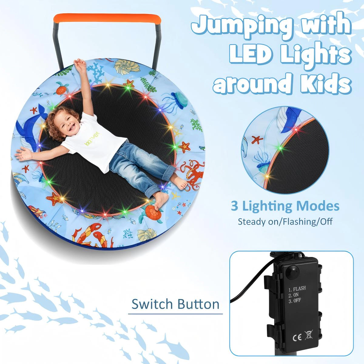 SUGIFT Folding Mini Trampoline Rebounder with LED Lights 55-lb Capacity Ages 3+ 36-in Frame with Foam Handrail Blue