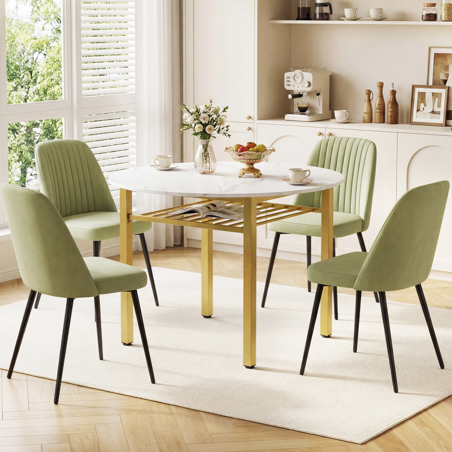 SUGIFT 40-in Round Kitchen Table with 8-in Storage Shelf and Metal Frame 250-lb Capacity 30-in Tall White + Gold