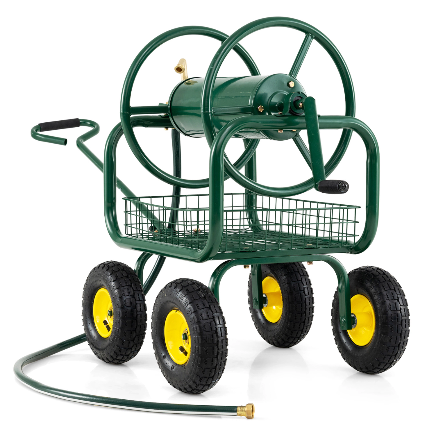 SUGIFT Garden Hose Reel Cart 300 Feet with Air-Filled Tires and Storage Basket