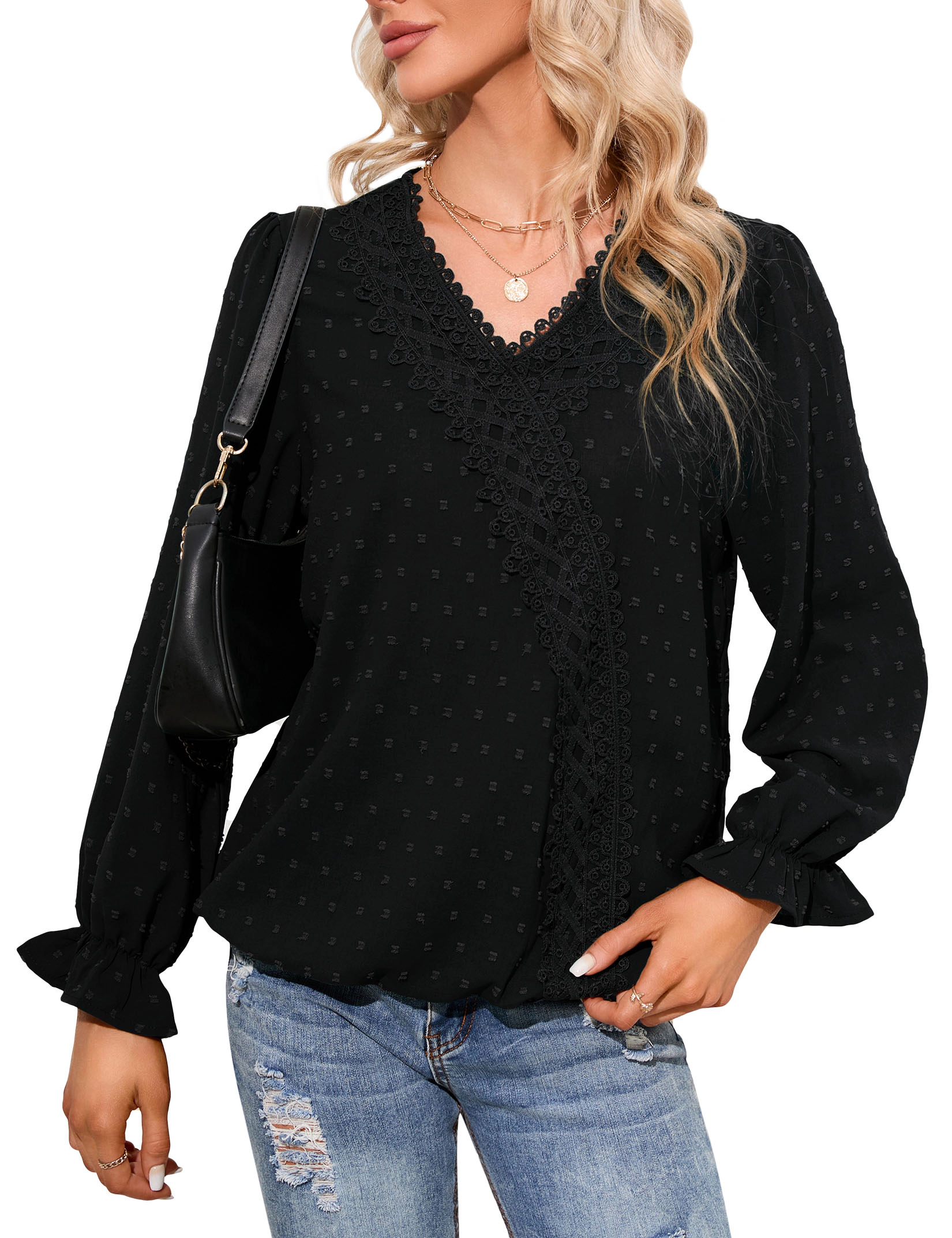 KOJOOIN Women's Tops Long Sleeve V Neck Lace Chiffon Blouses Dressy Casual Pom Poms Shirts