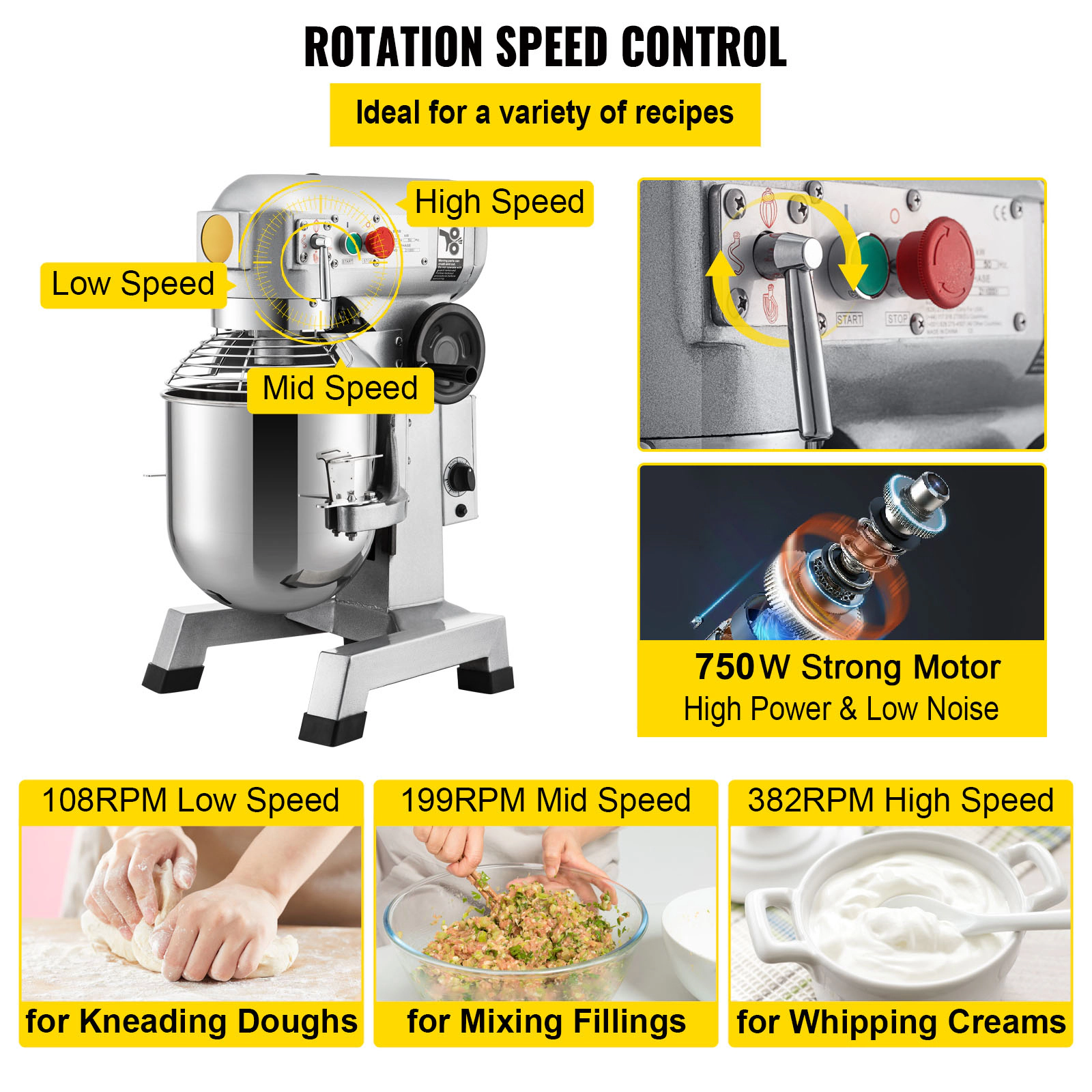 HONGGE Commercial Food Mixer Commercial Mixer with Timing Function Stainless Steel Bowl Heavy Duty Electric Food Mixer