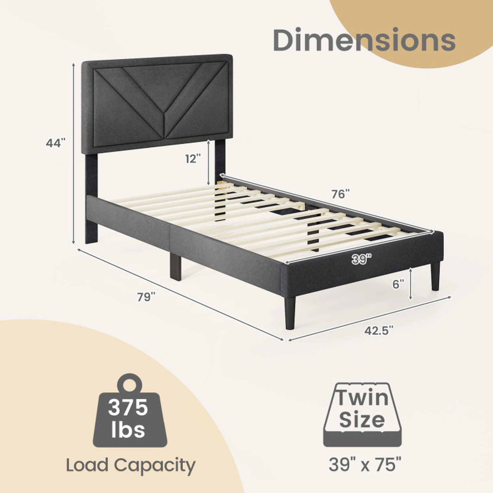 SUGIFT Twin Size Gray Upholstered Platform Bed Frame with Tufted Headboard and Wooden Slats 375-lb Slats