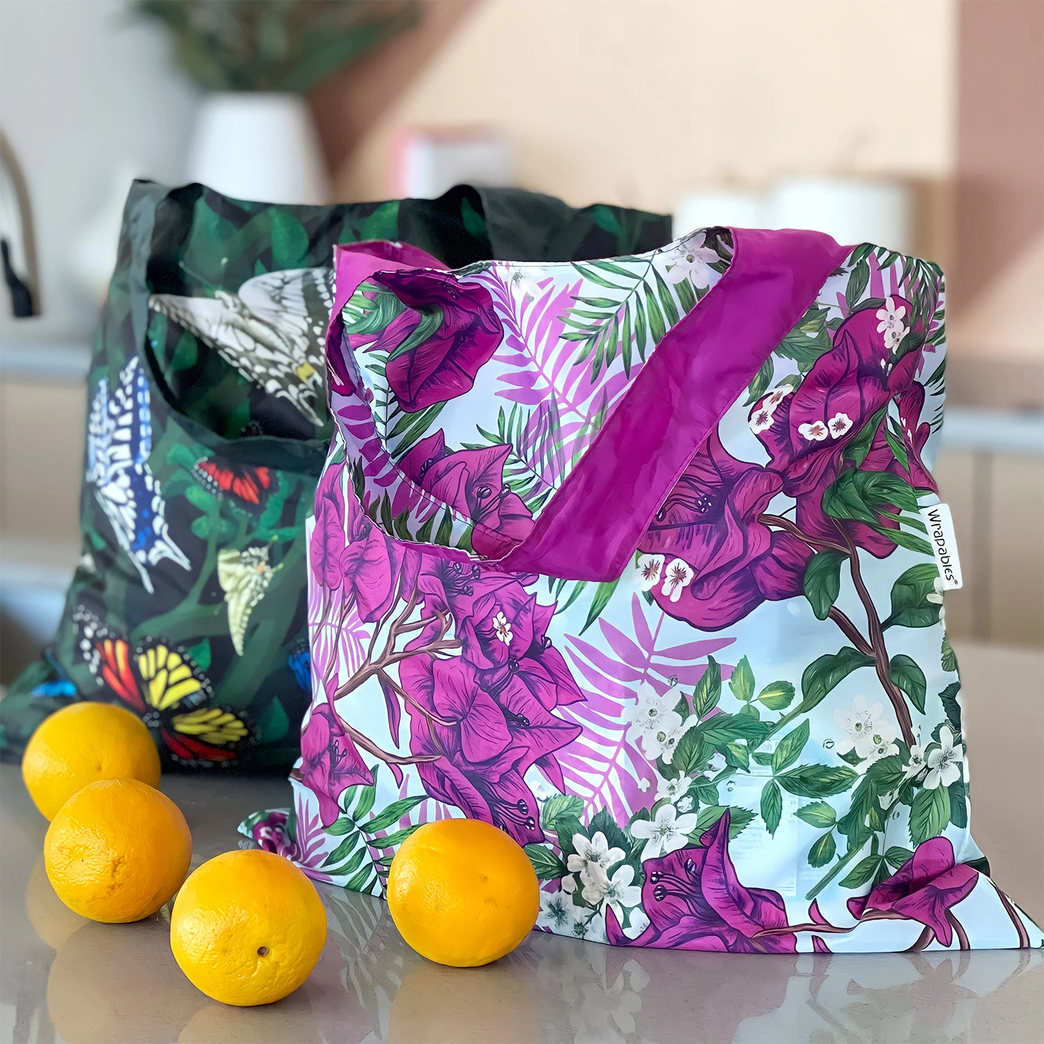 Wrapables AllyBag Collection Reusable Grocery Shopping Bag, Purple Bougainvillea