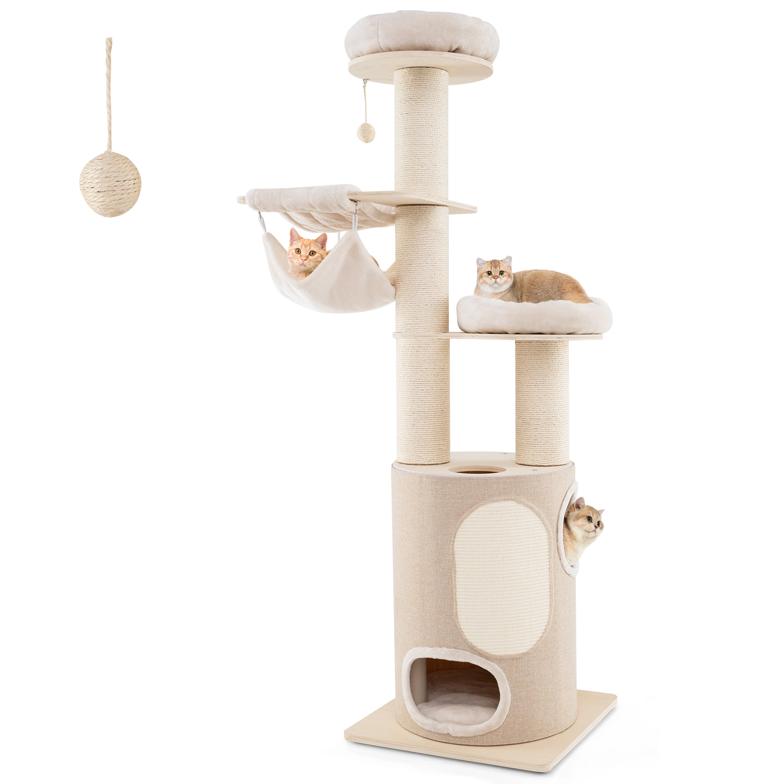 Glintex 74-Inch Cat Tower with 2-Story Bamboo-Lined Condo and 2 Hammocks, Natural