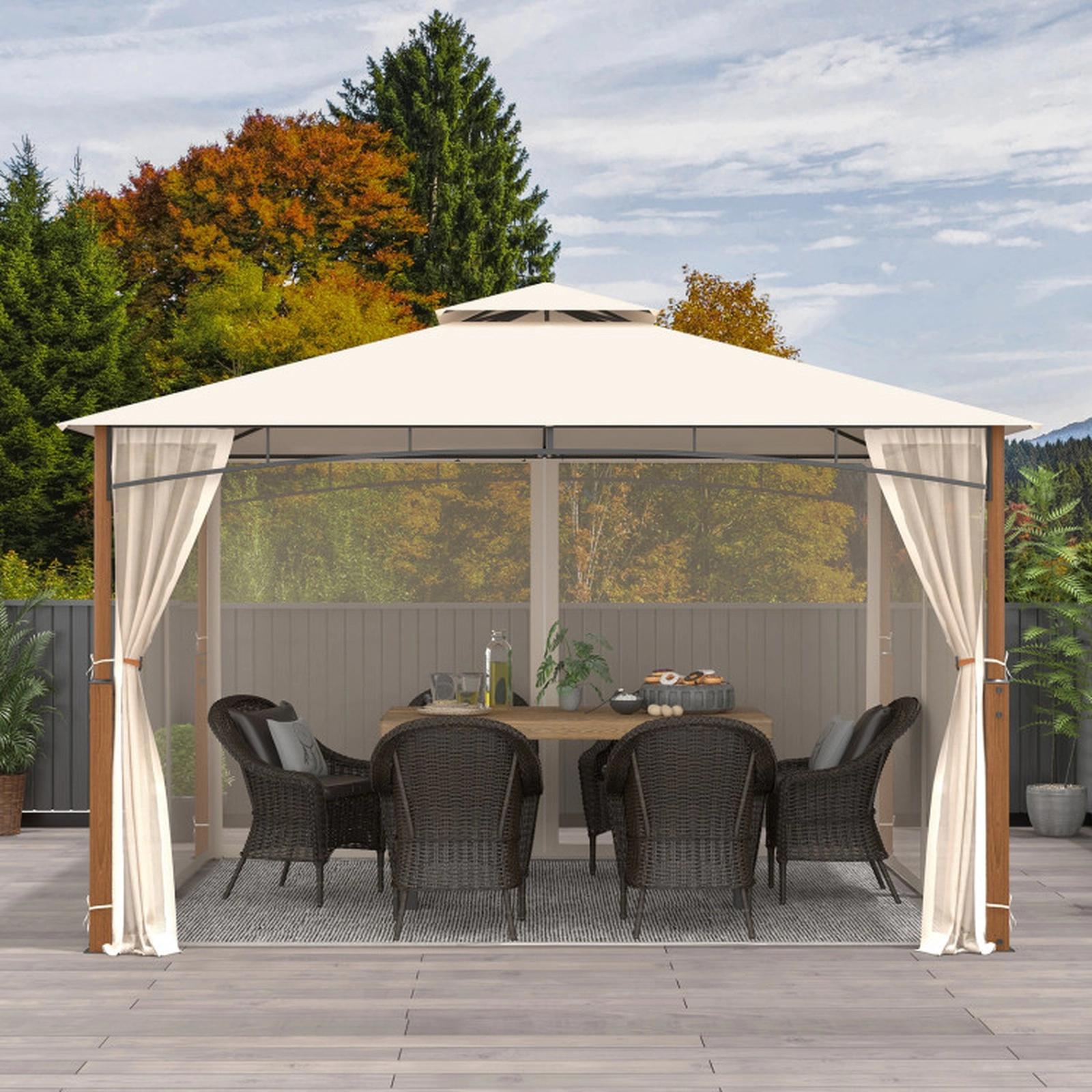 SUGIFT 12-ft x 10-ft Beige Patio Gazebo with Mosquito Netting 2-Tier Vented Roof and Wood Grain Columns