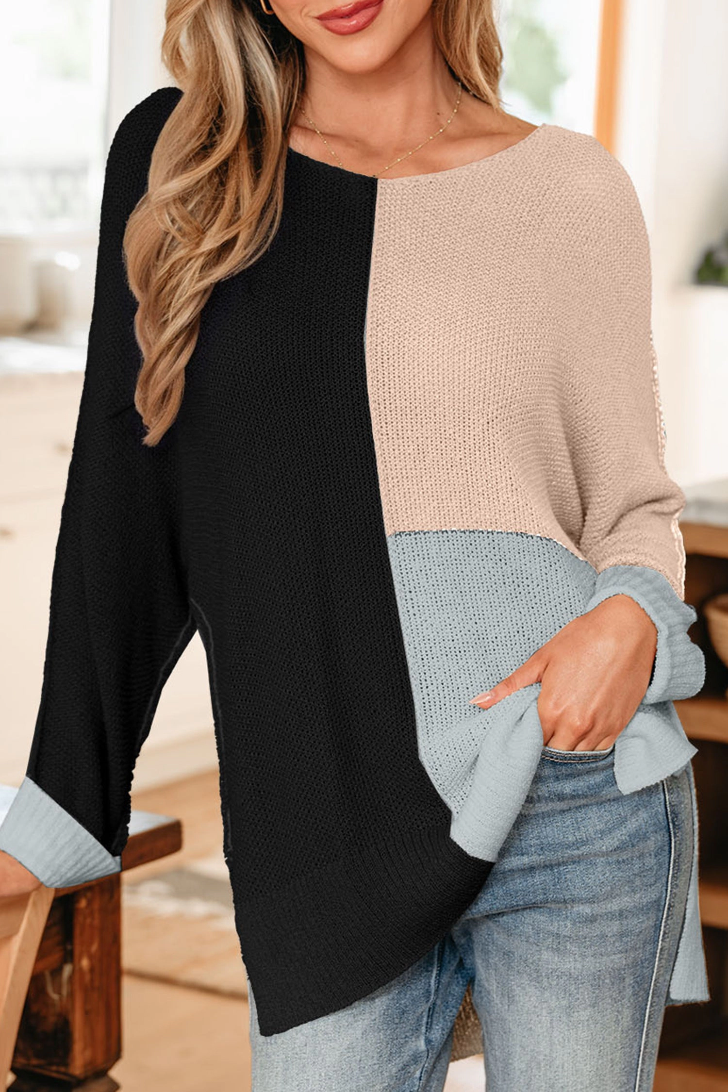 Threaded Pear Women's Zayla Block Knit Loose Sweater