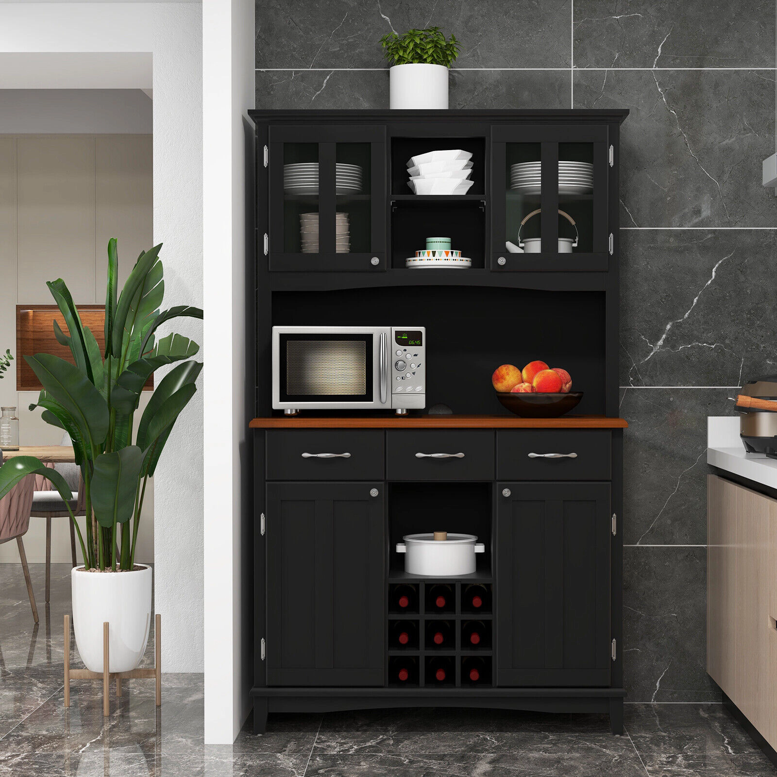 SUGIFT 72.5-in Tall 445-lb Capacity Black Storage Cabinet Hutch with 9-Bottle Wine Rack Glass Doors and 3 Drawers