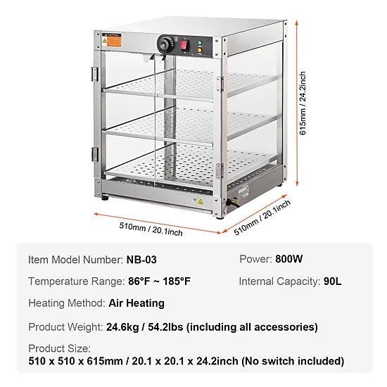 HONGGE Commercial Food Warmer Display 800W Food Display Warmer with Light to Enhance Food Display 86℉~185℉ Temperature