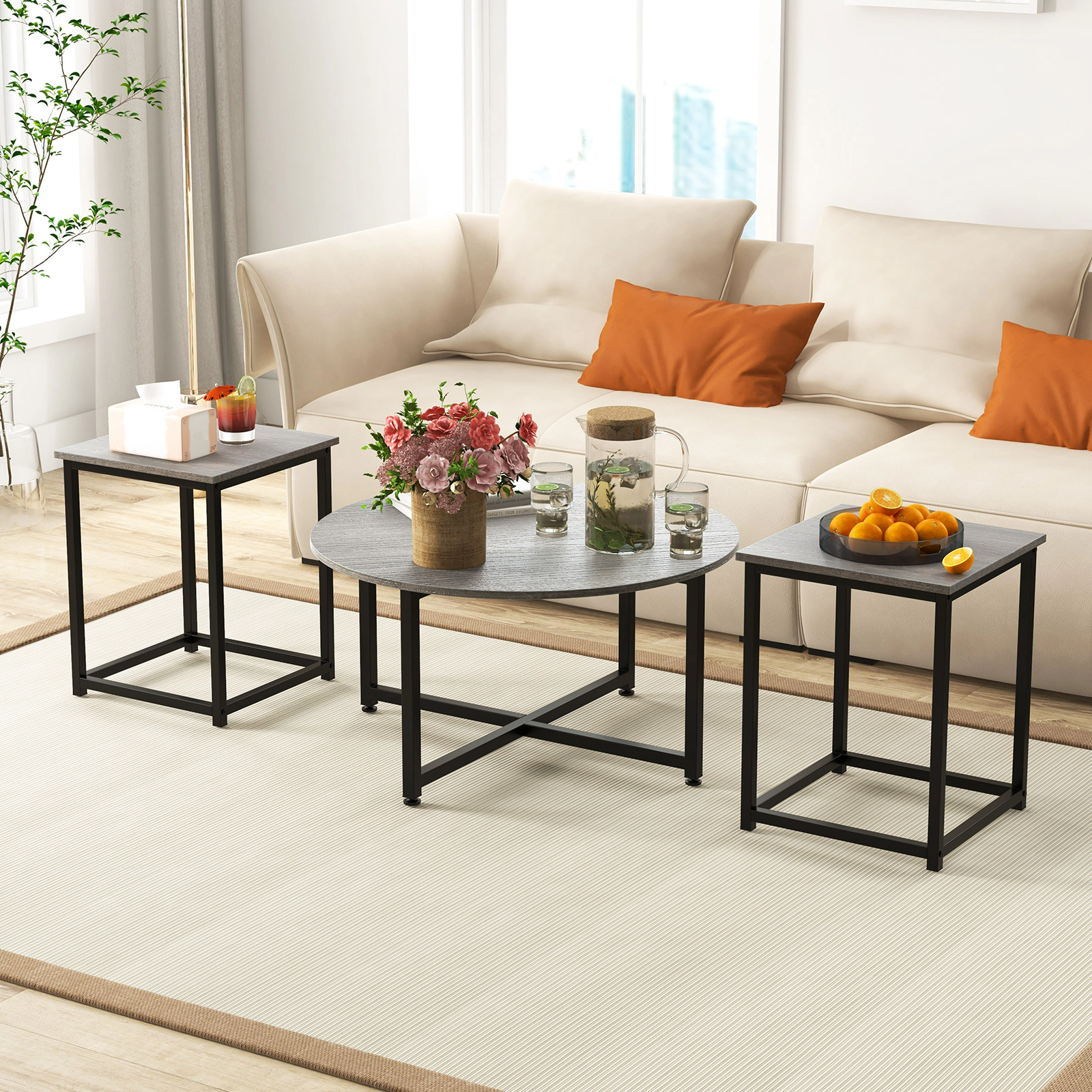 Glintex 3-Piece Round Coffee Table and Square End Set with X-Frames