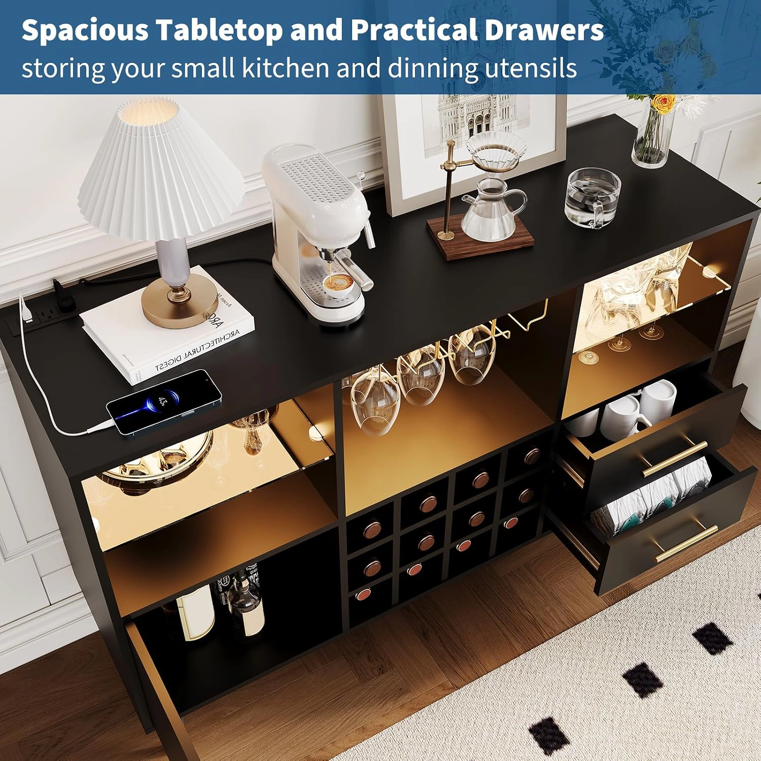 BebreezChic 47" Modern Wine Bar Cabinet w/ LED Light & Charging Station, Oak/Black